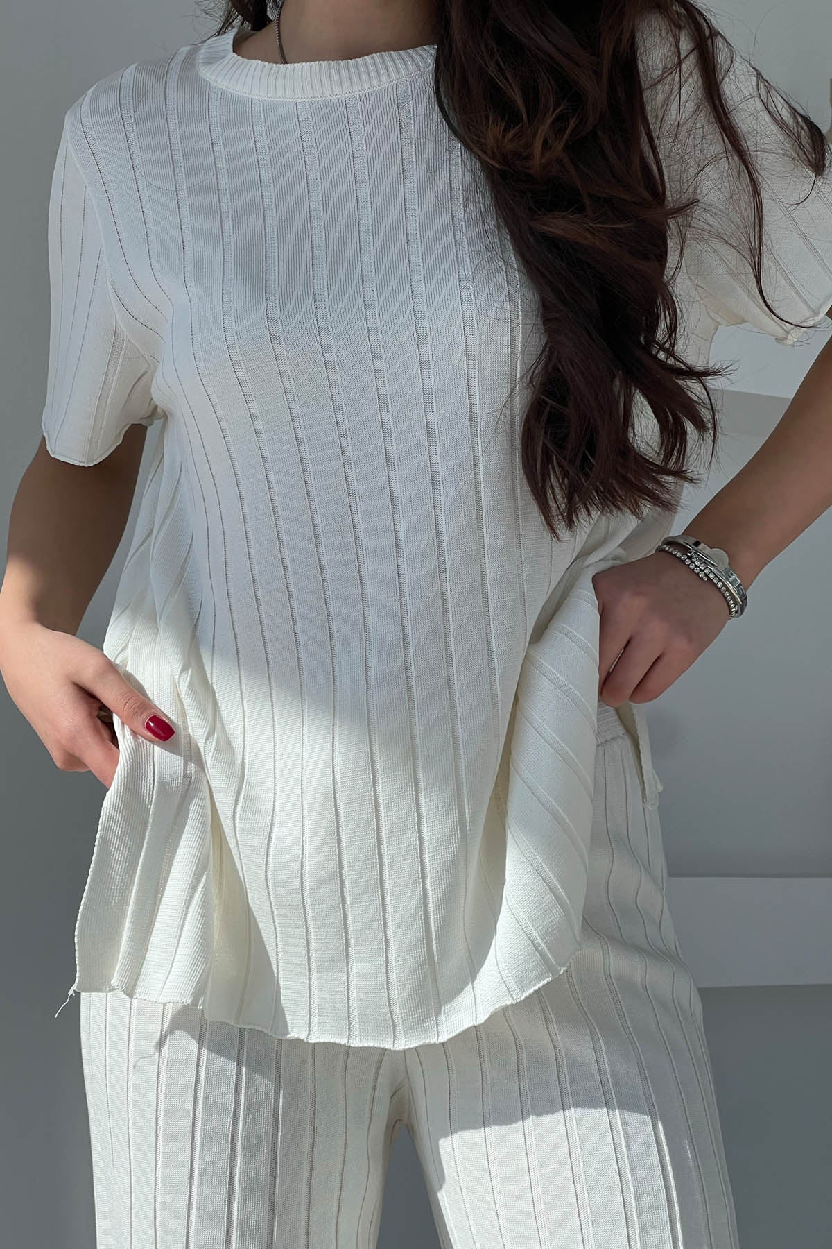 Ekru Fitilli Kısa Kol ve Pantolon Triko Takım