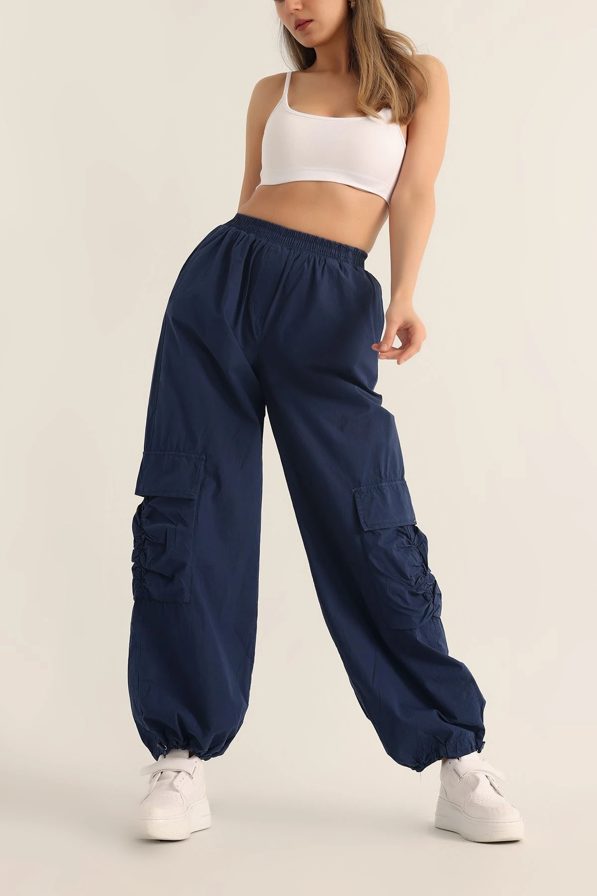 Bel ve Paça Lastikli Bayan Kargo Pantolon Lacivert