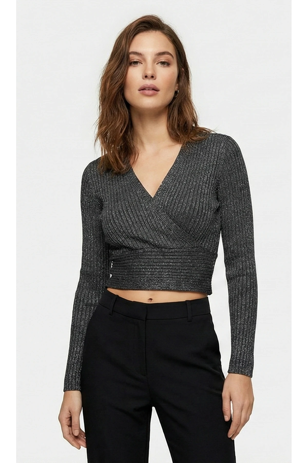 Kruvaze Yaka Fitilli Triko Crop Bluz Antrasit