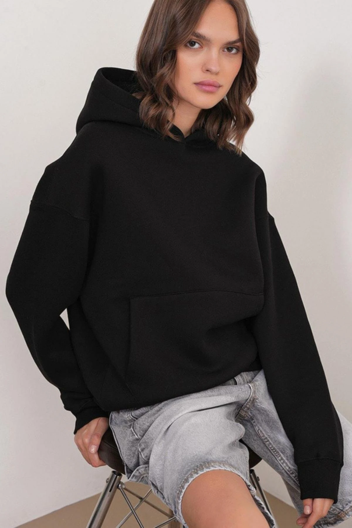 3 iplik Polarlı Kapüşonlu Sweatshirt Siyah