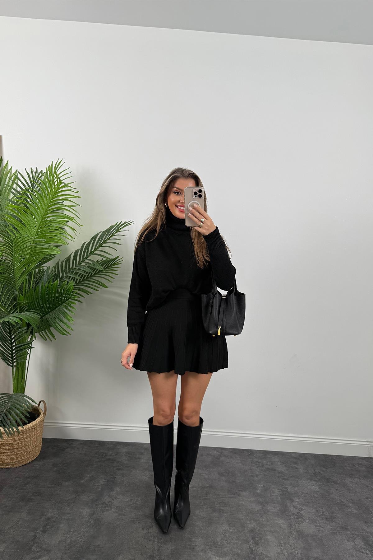 Balıkçı Yaka Etek Kazak Yumoş Triko Takım Siyah