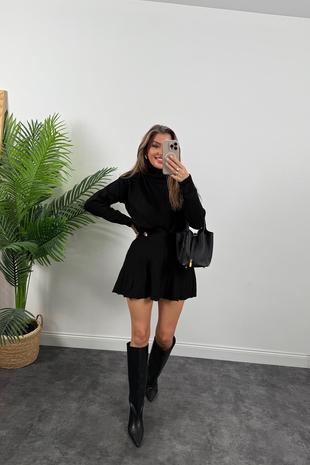 Balıkçı Yaka Etek Kazak Yumoş Triko Takım Siyah