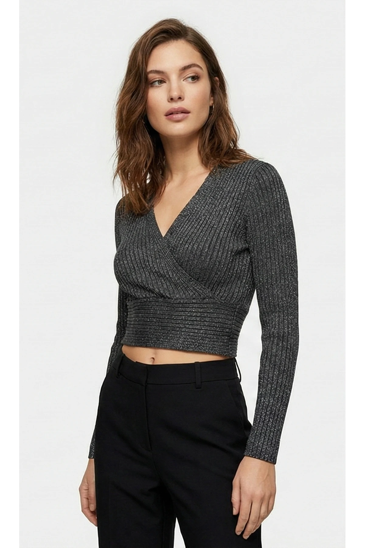 Kruvaze Yaka Fitilli Triko Crop Bluz Antrasit