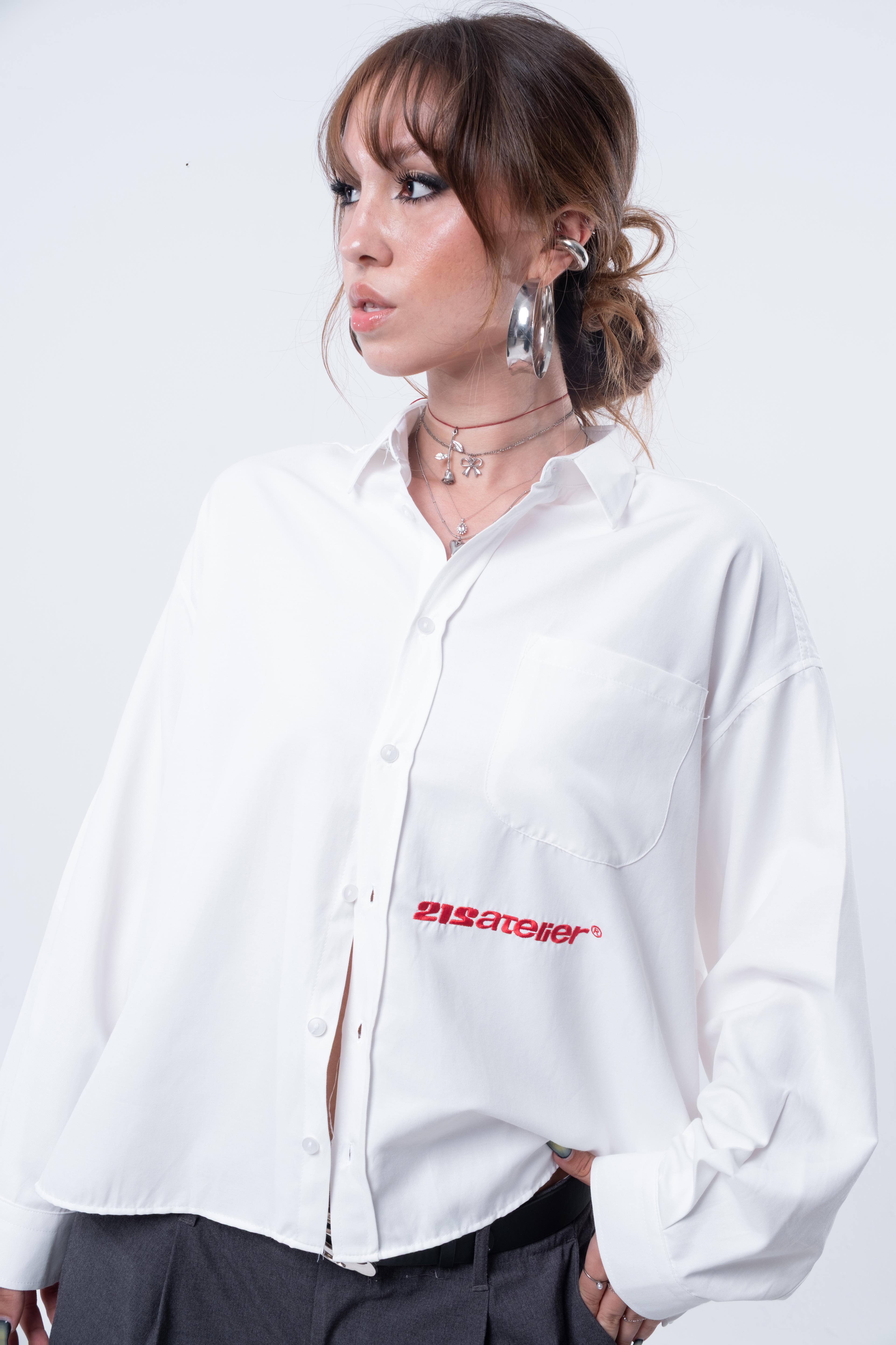 Boxy Fit Nakışlı Kırık Beyaz Gömlek