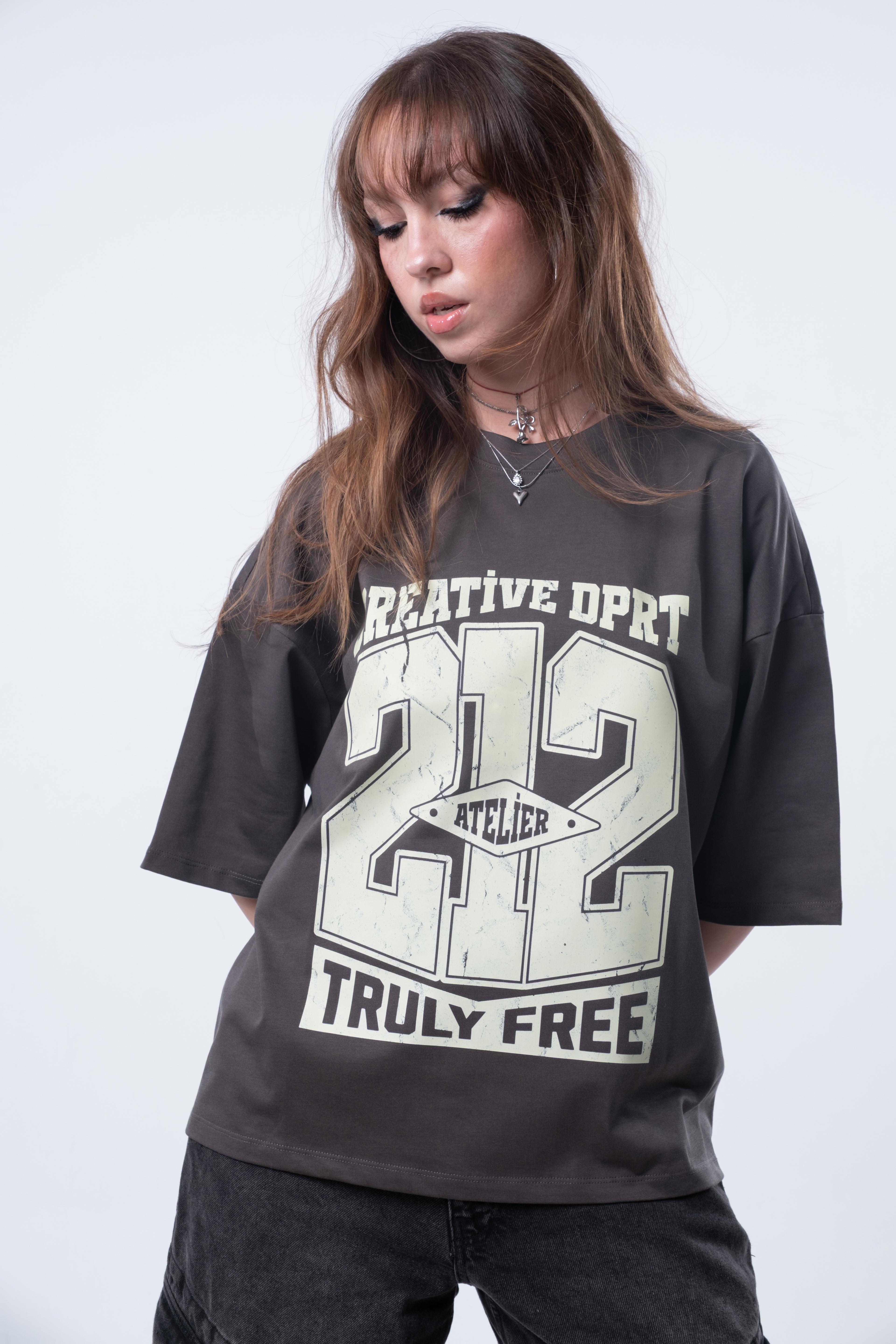 Kısa Kollu Boxy Fit Antrasit T-shirt 