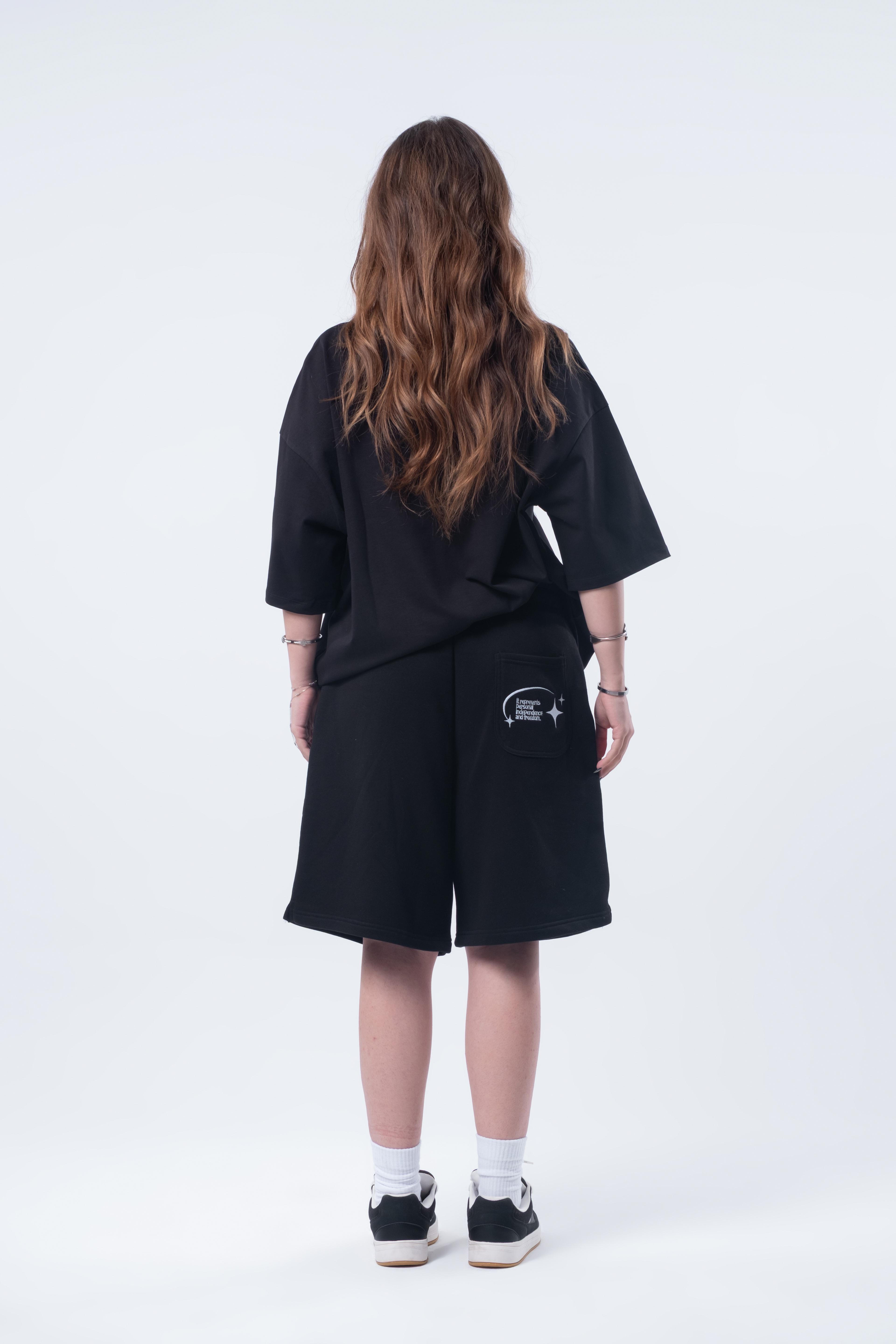 Kısa Kollu Baskılı Boxy Fit T-shirt Siyah
