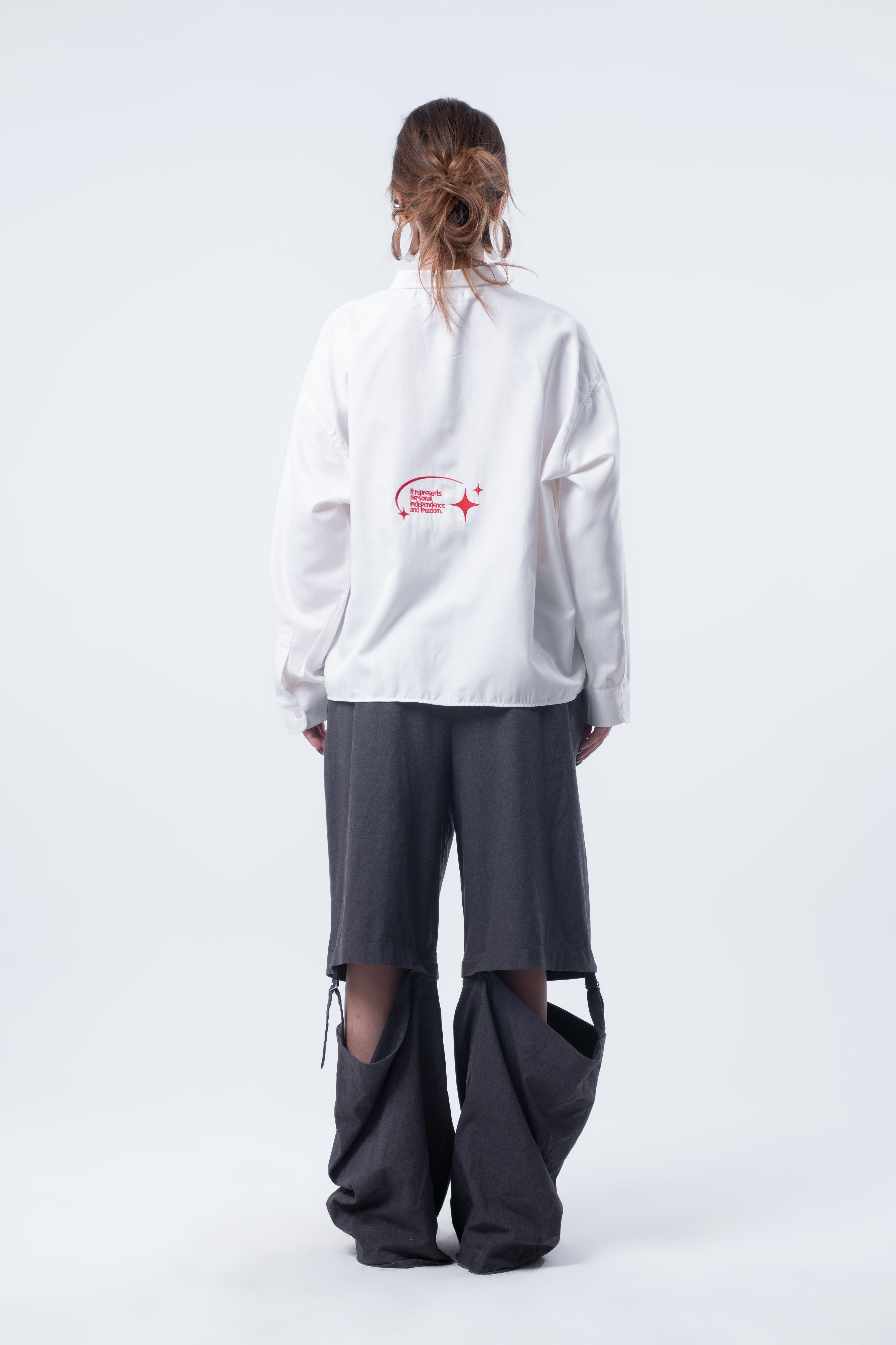Boxy Fit Nakışlı Kırık Beyaz Gömlek
