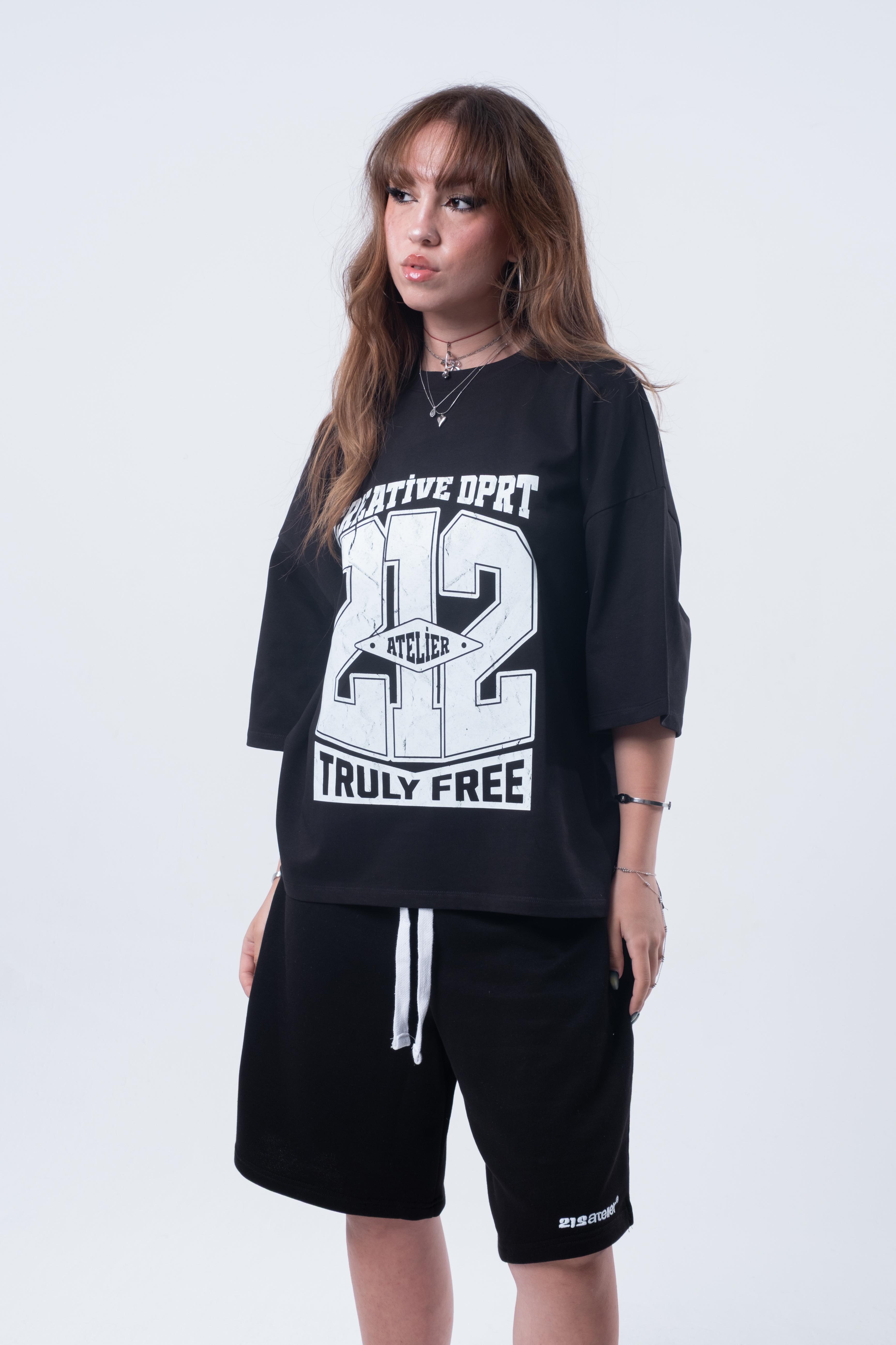 Kısa Kollu Baskılı Boxy Fit Siyah T-shirt