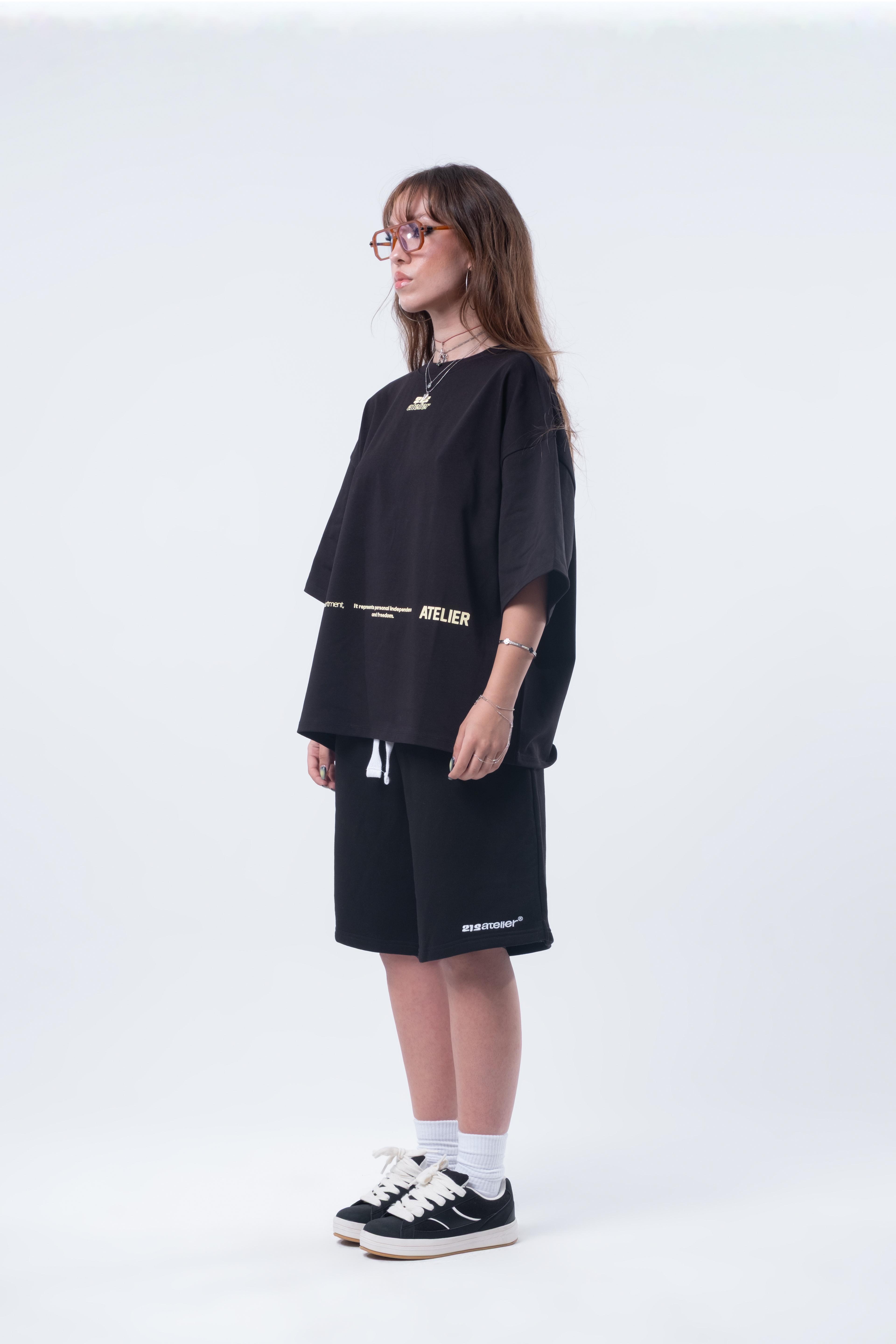 Kısa Kollu Baskılı Boxy Fit Siyah T-shirt