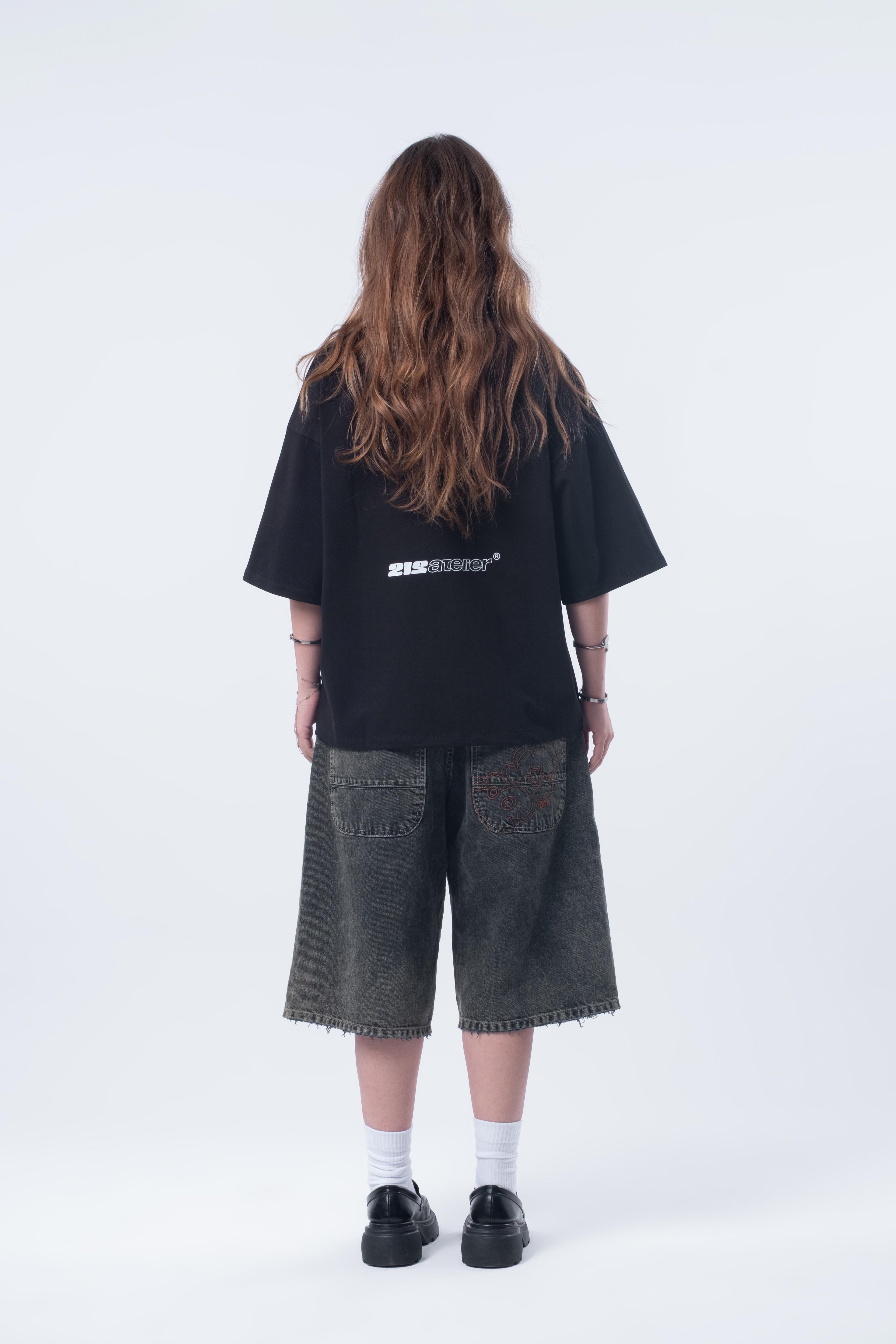 Kısa Kollu Baskılı Boxy Fit Siyah T-shirt