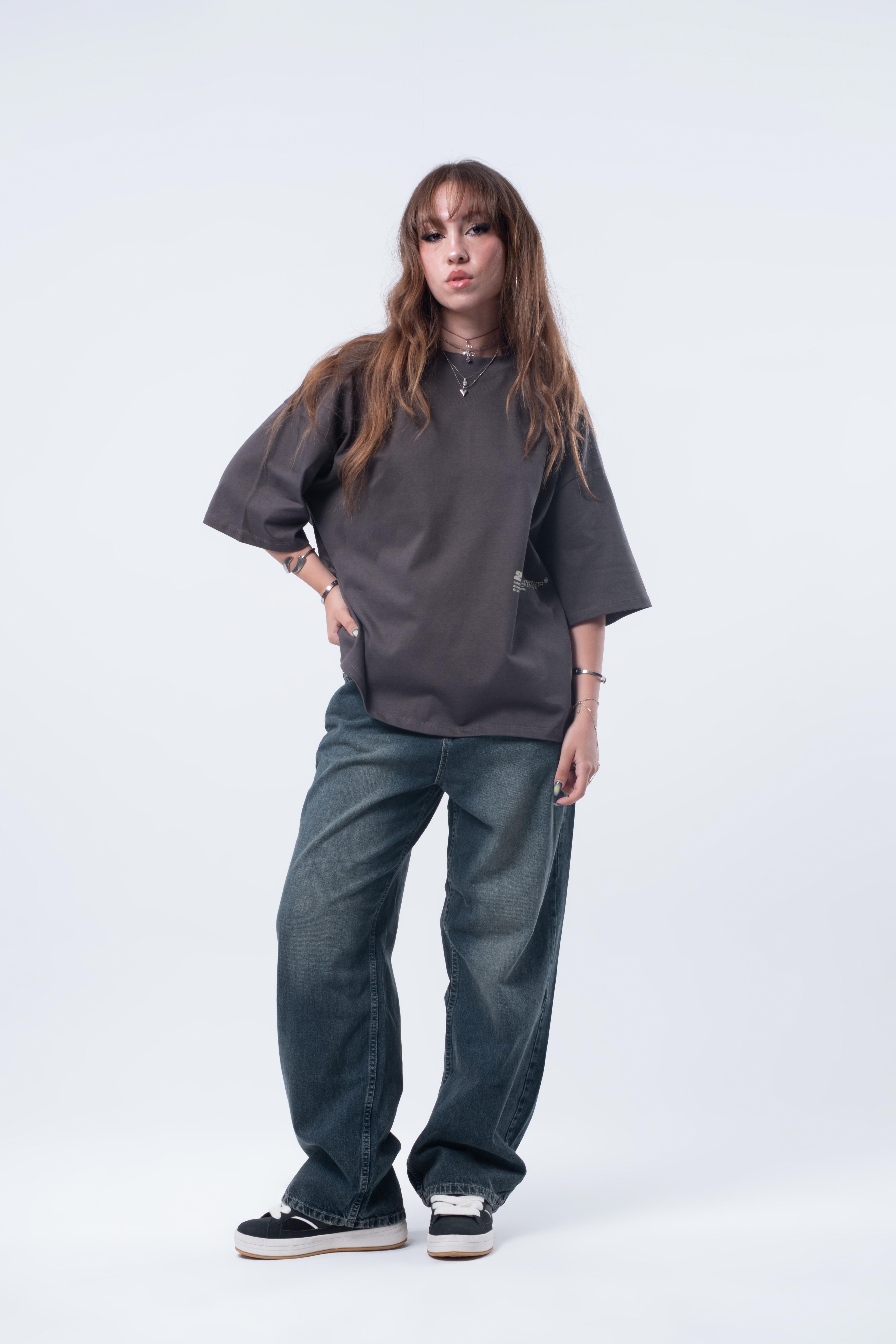 Kısa Kollu Boxy Fit T-shirt Antrasit