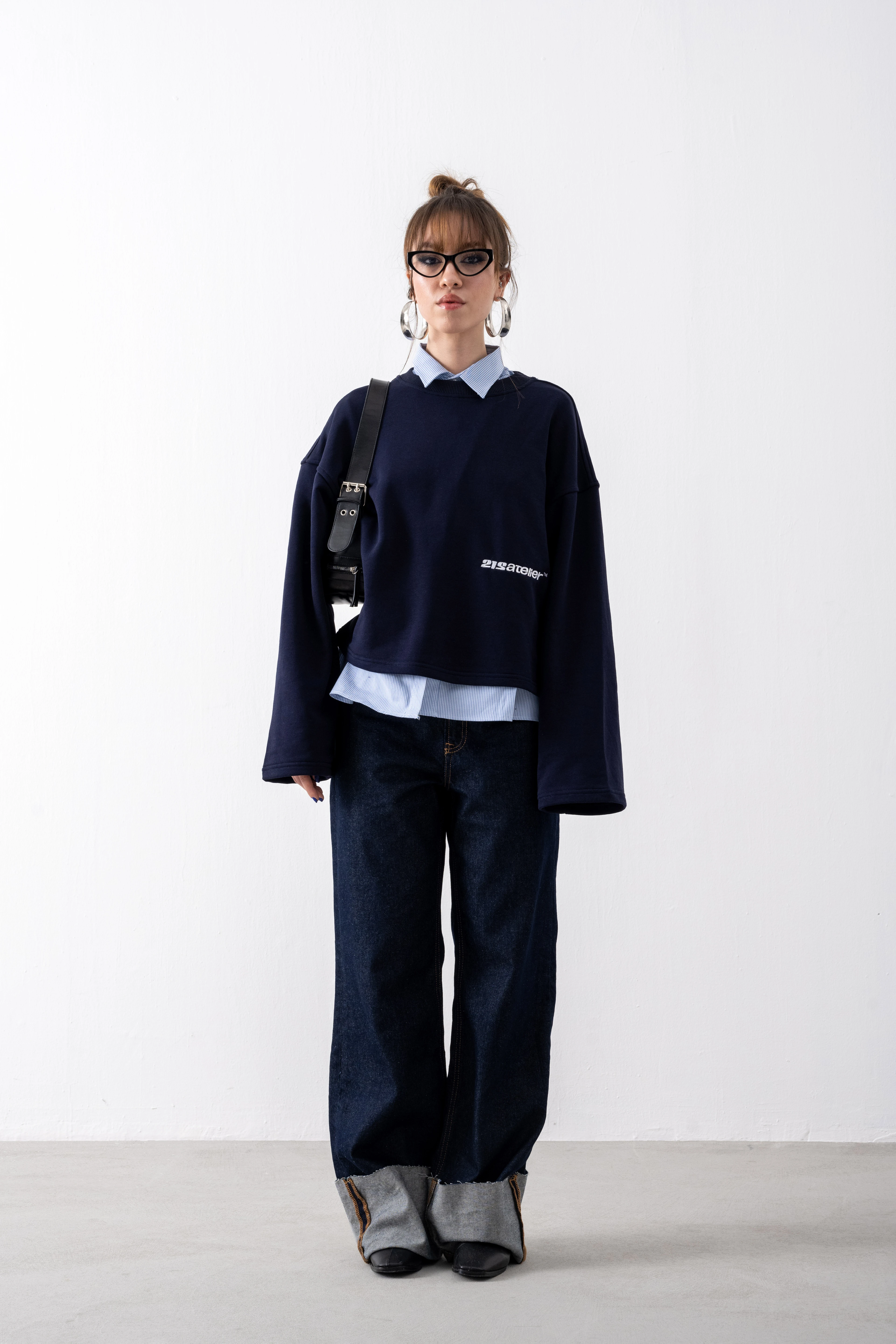 Lacivert Cropped Boxy Fit Sweatshirt