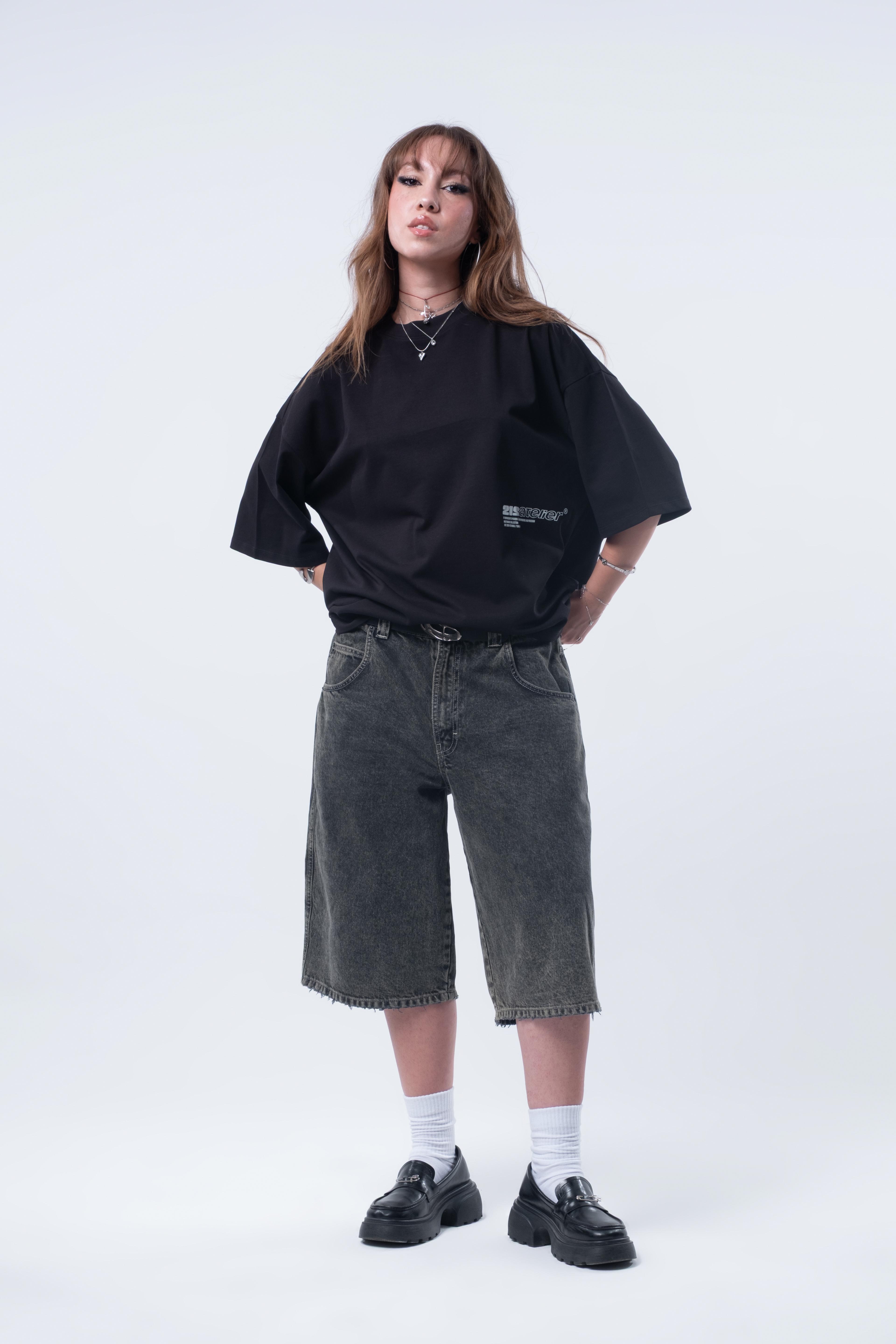 Kısa Kollu Baskılı Boxy Fit T-shirt Siyah
