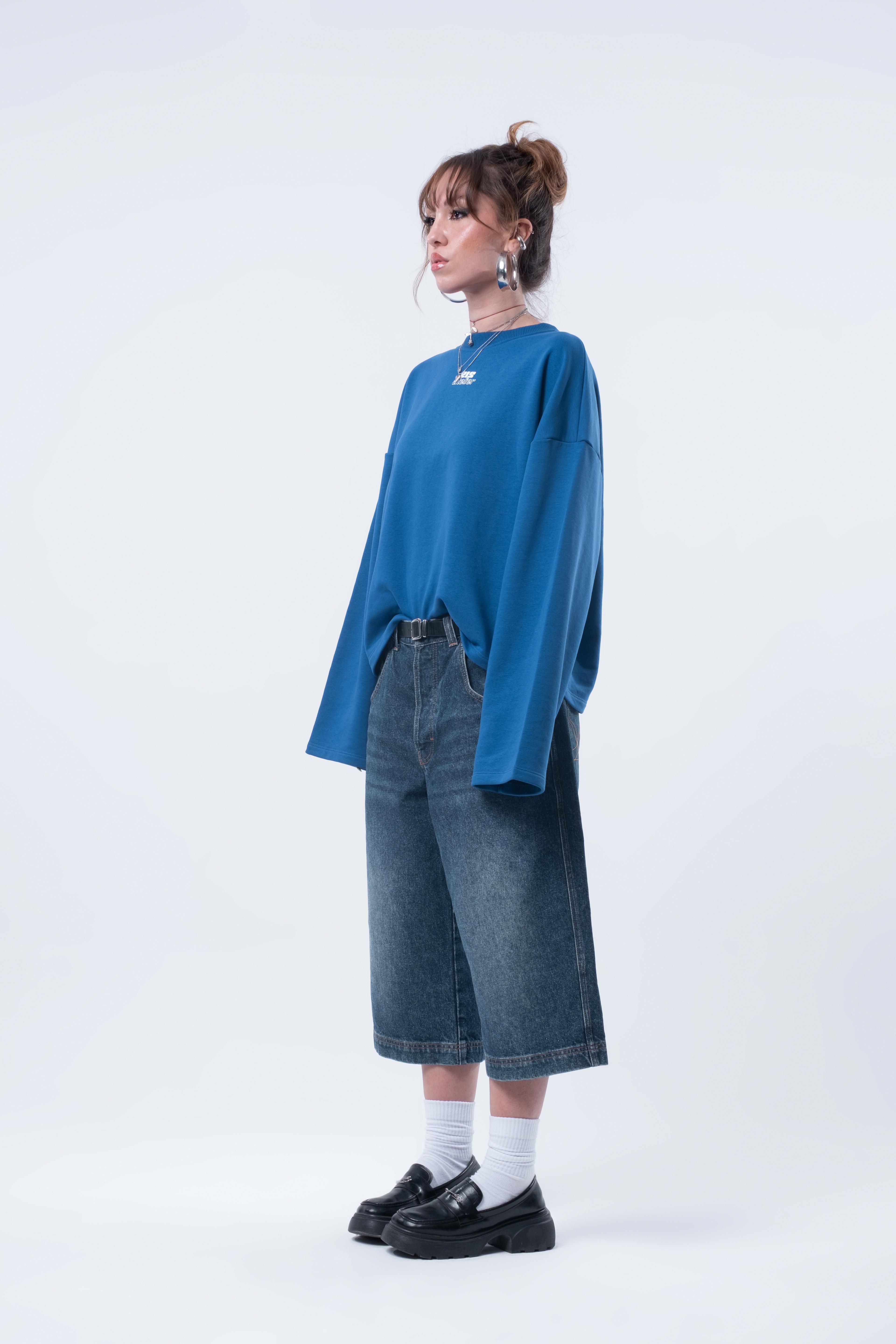 Uzun Kollu Boxy Fit Saks Sweatshirt