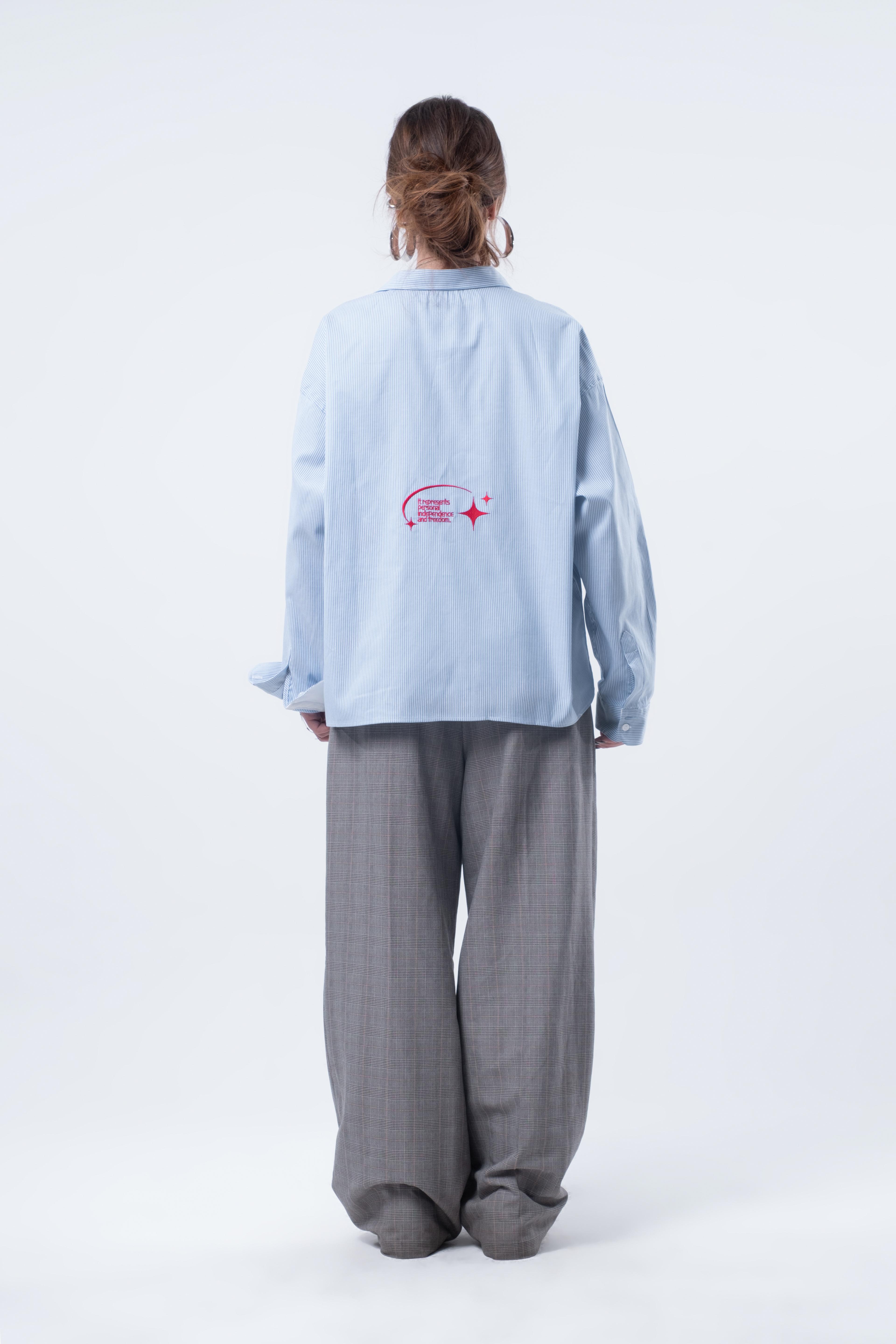 Boxy Fit Nakışlı Mavi Beyaz  Nakışlı Gömlek