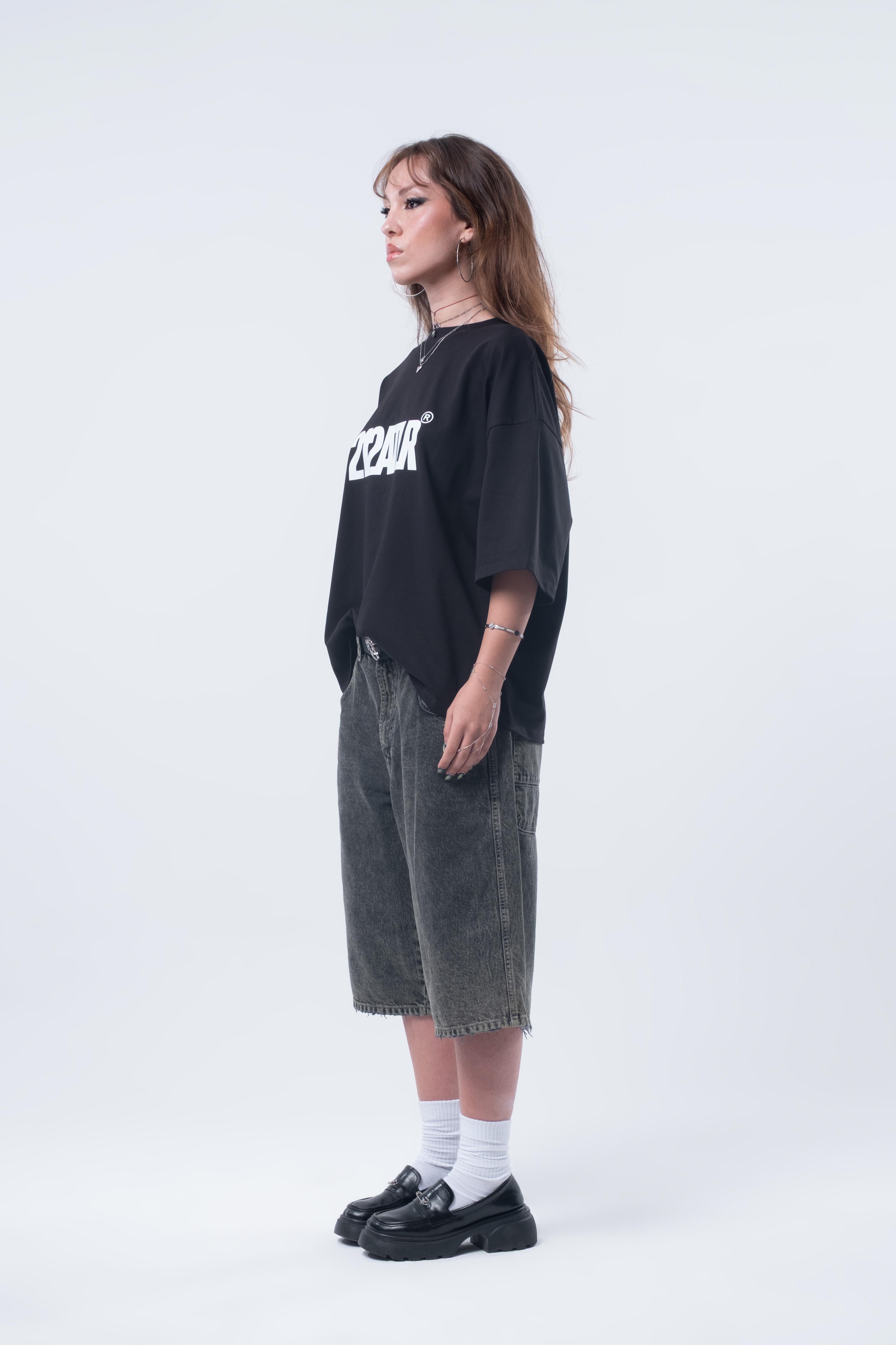 Kısa Kollu Baskılı Boxy Fit Siyah T-shirt