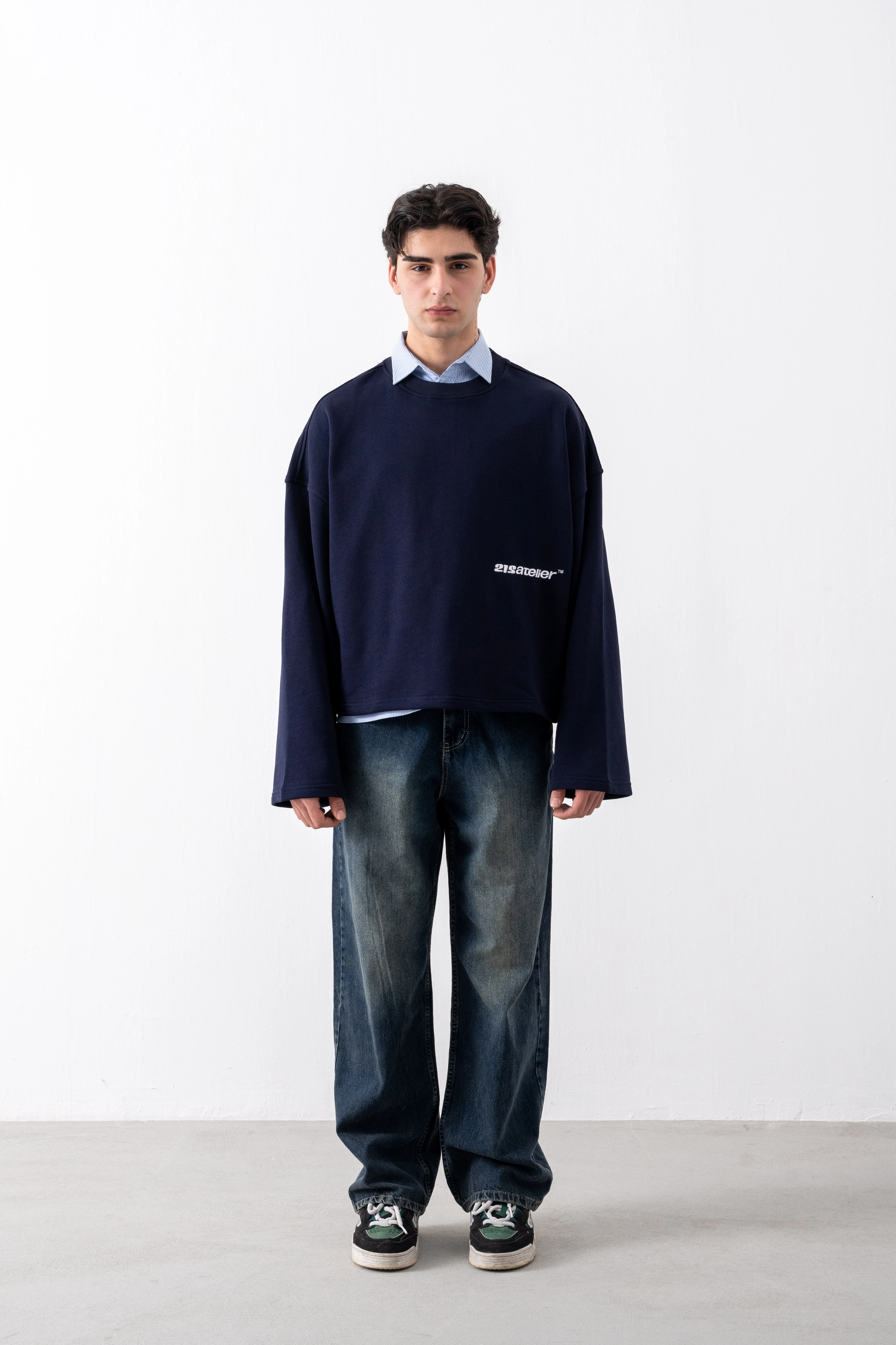 Lacivert Cropped Boxy Fit Sweatshirt