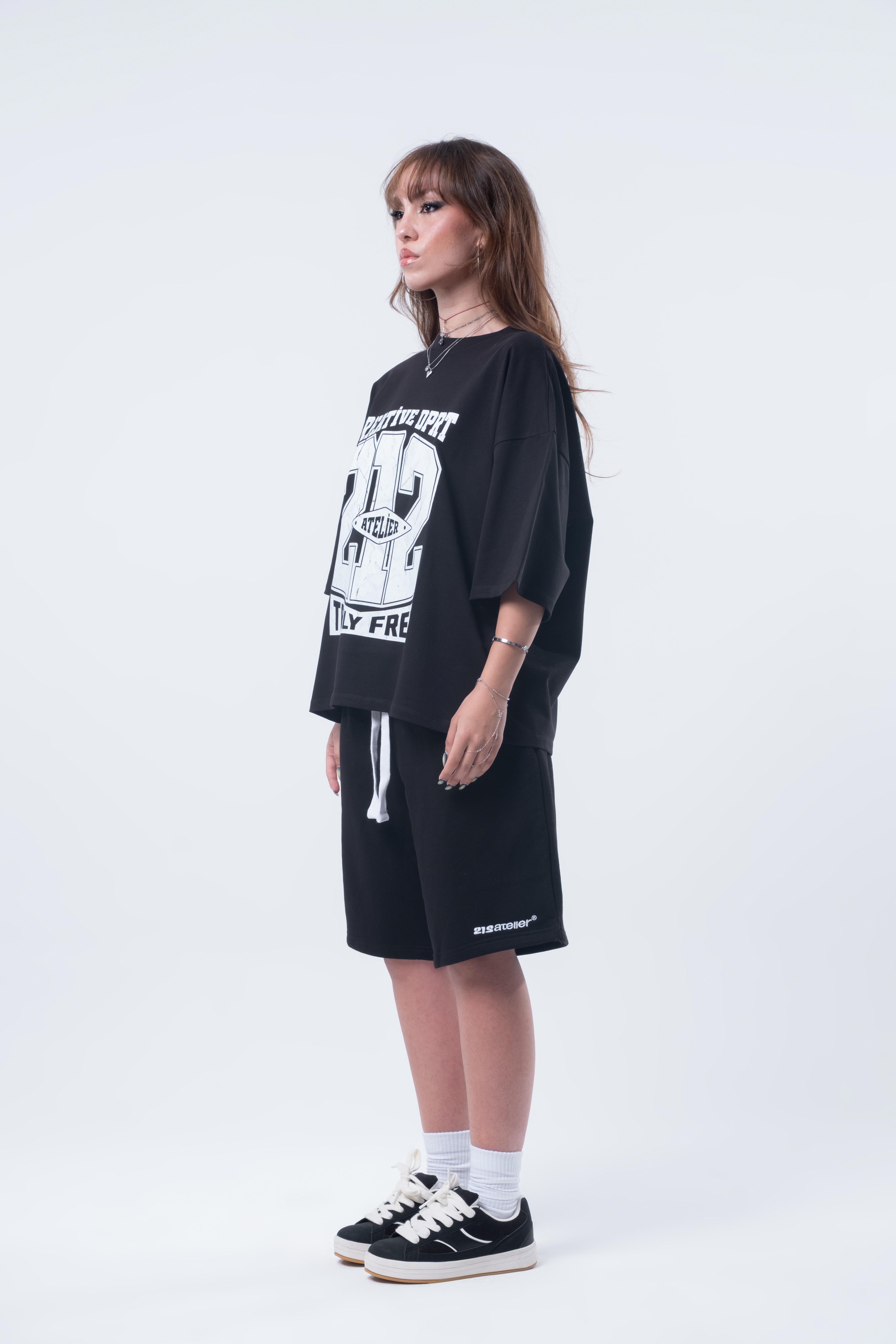 Kısa Kollu Baskılı Boxy Fit T-shirt Siyah