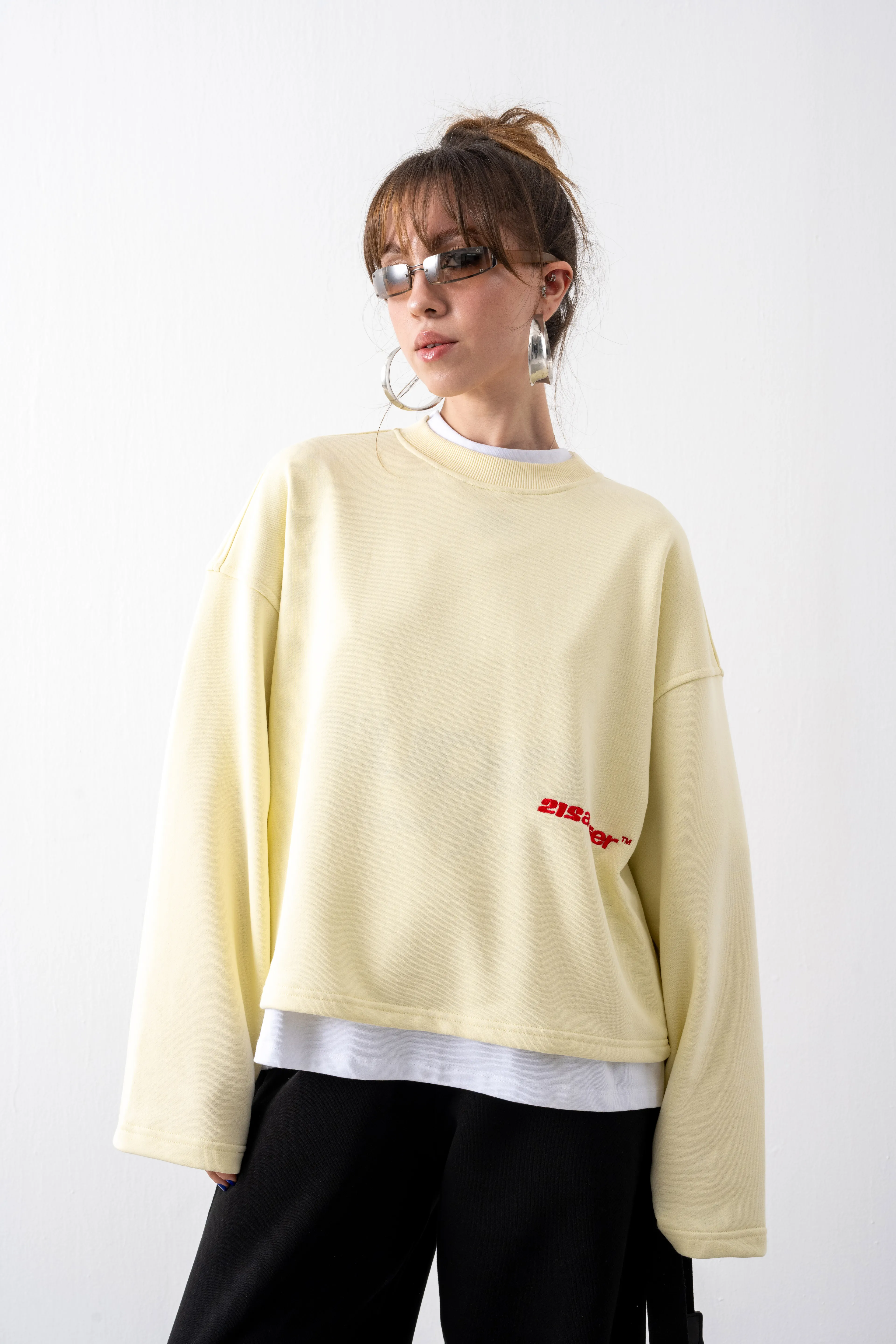 Ekru Cropped Boxy Fit Sweatshirt