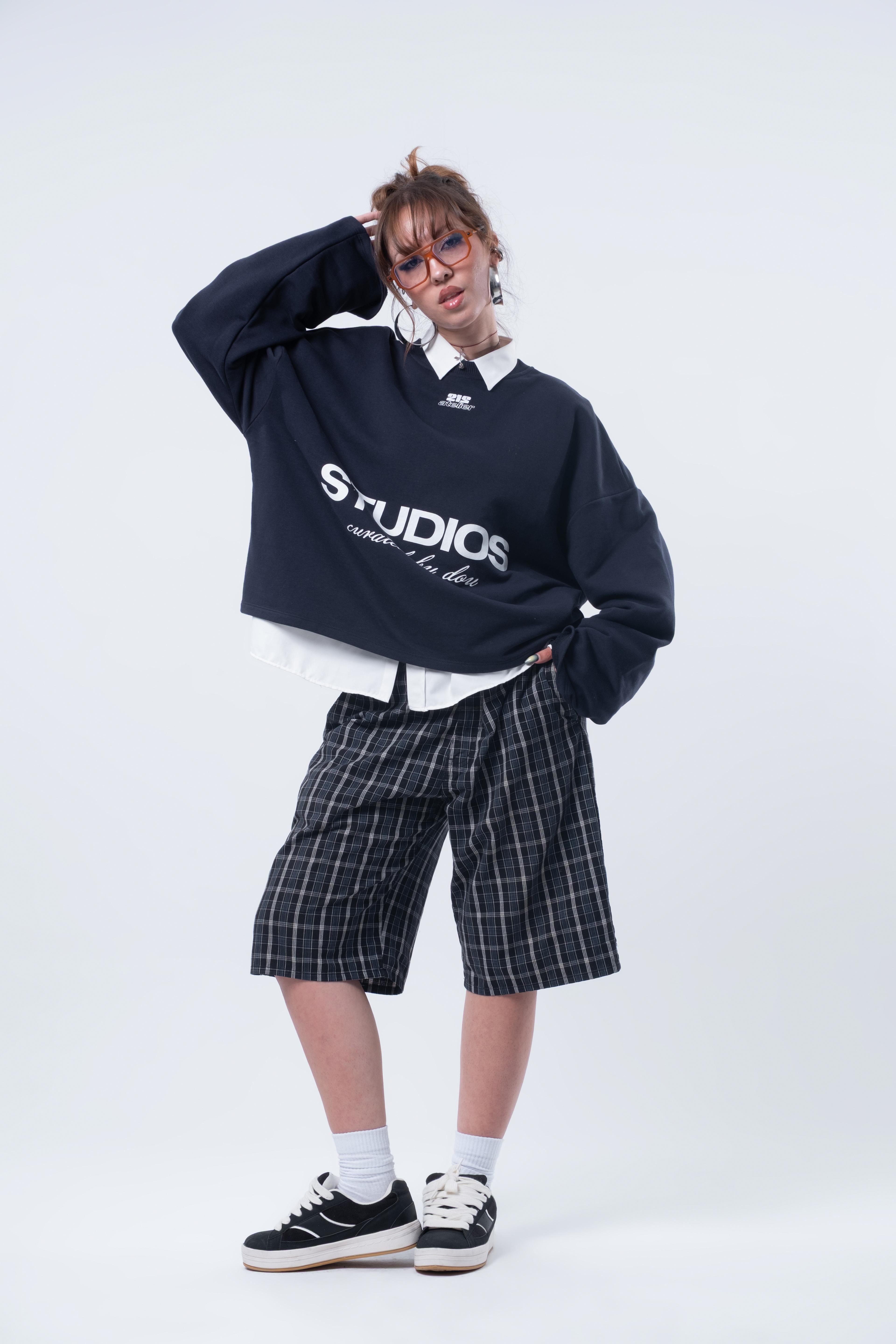Uzun Kollu Boxy Fit Lacivert Sweatshirt
