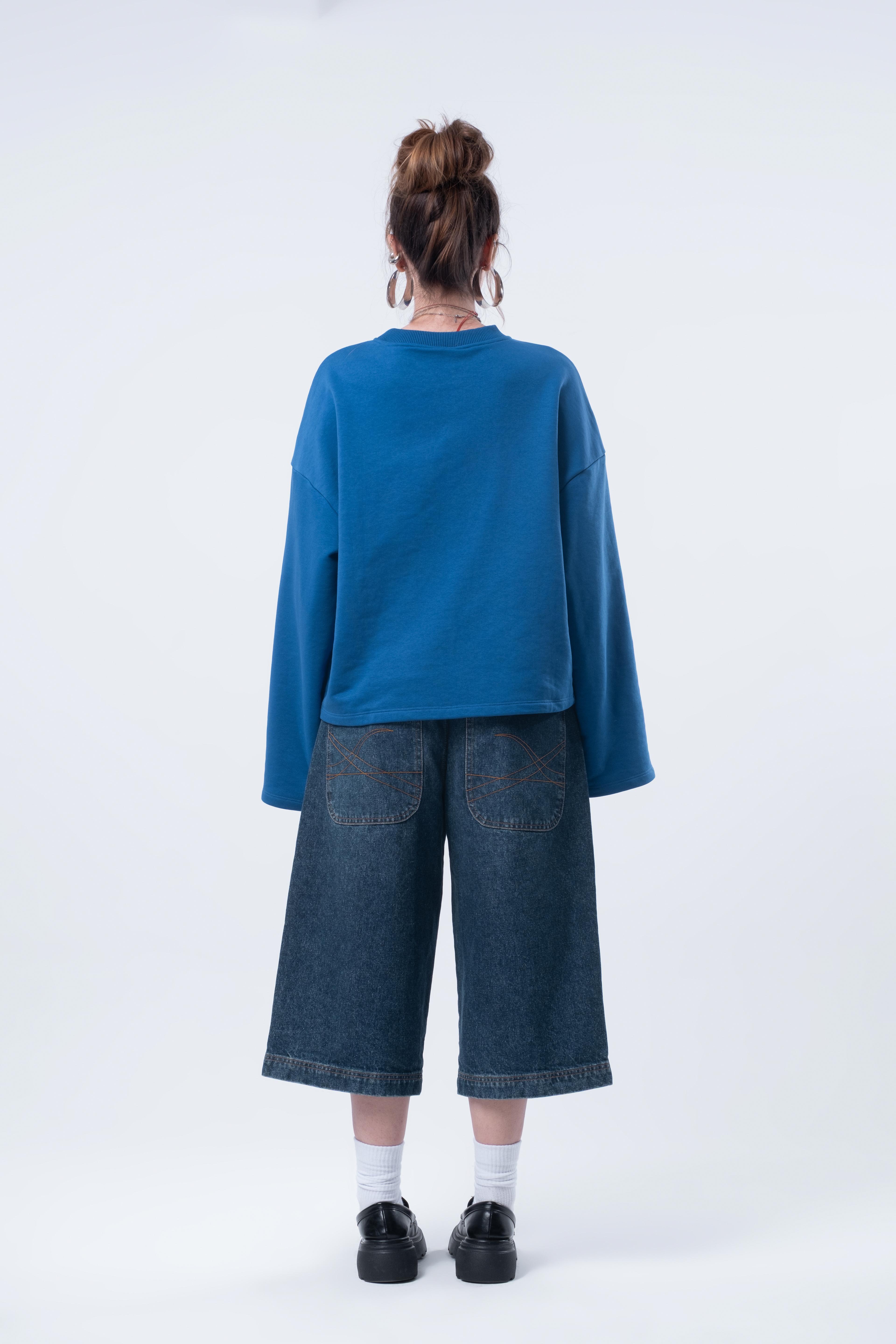 Uzun Kollu Boxy Fit Saks Sweatshirt