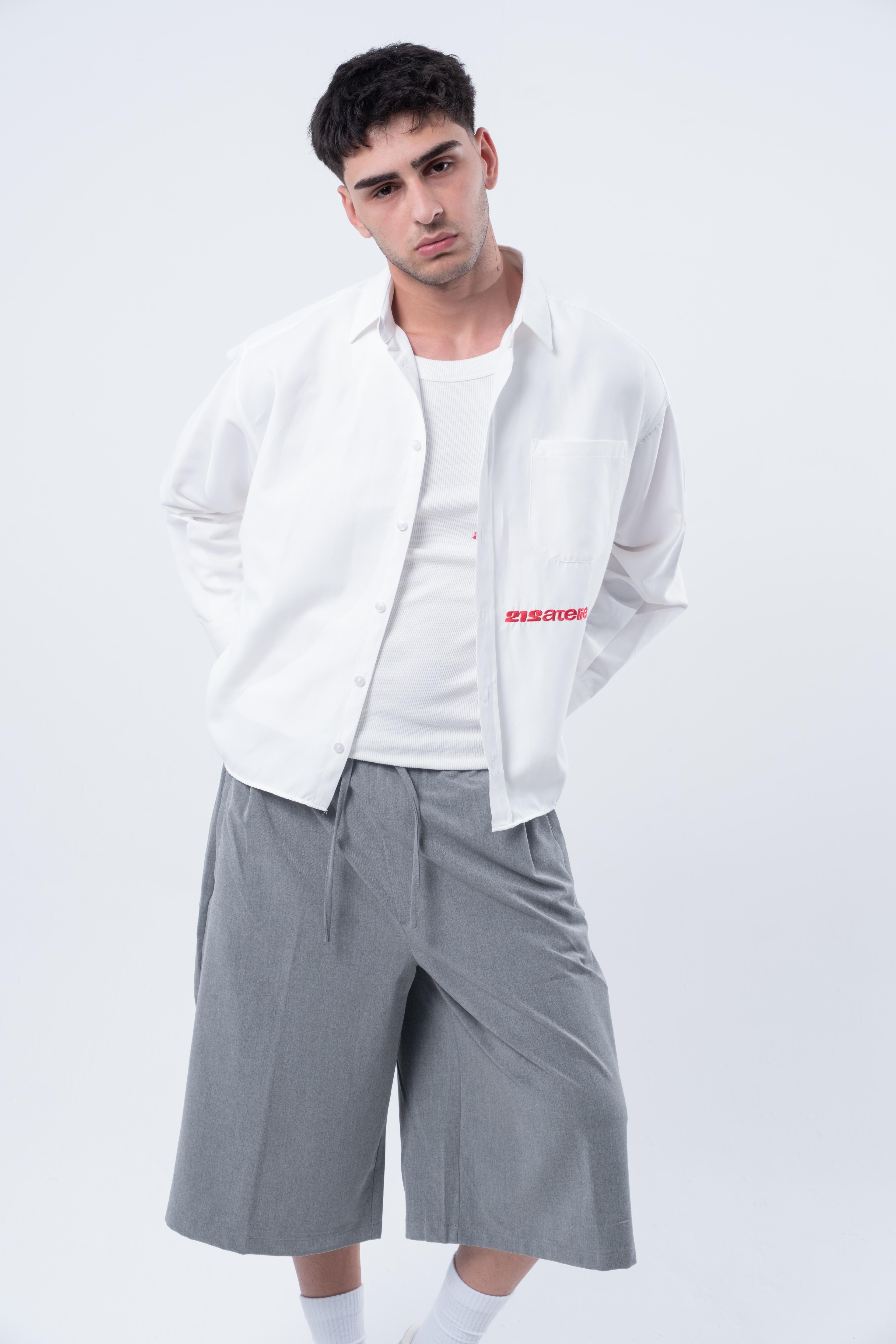 Boxy Fit Nakışlı Kırık Beyaz Gömlek