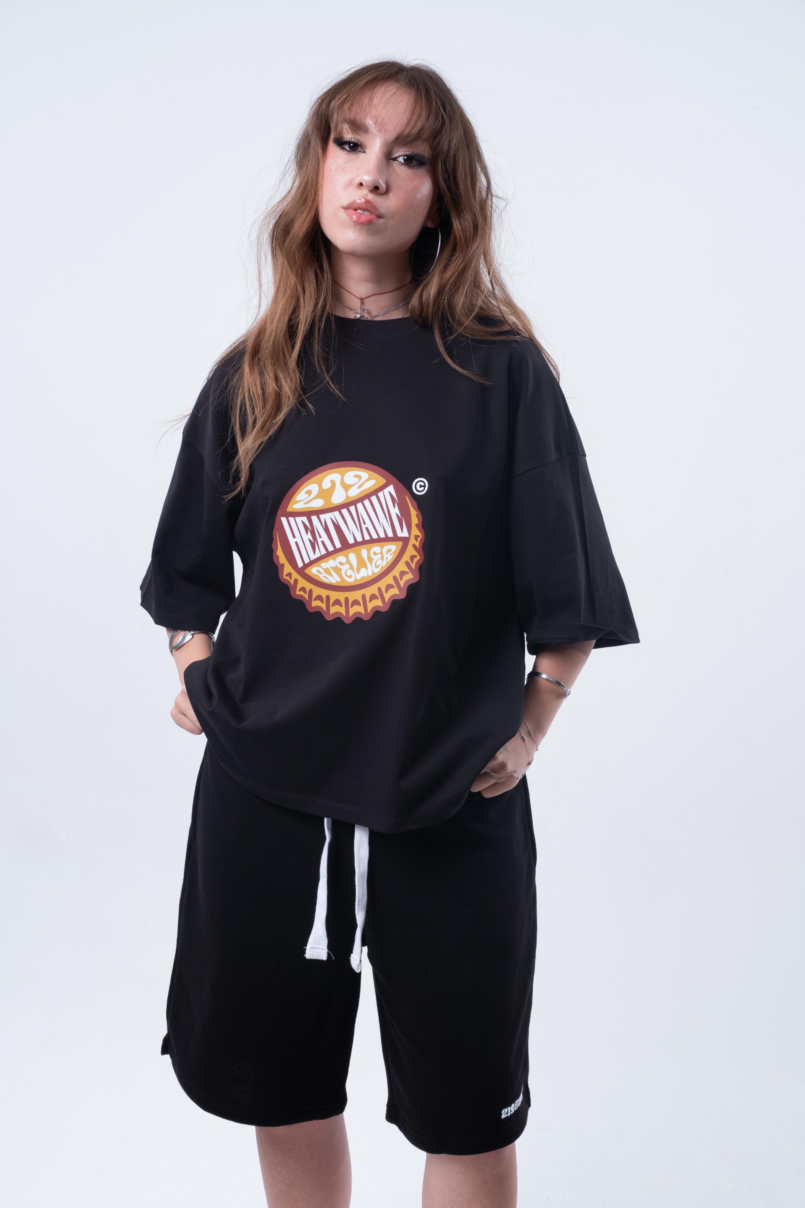 Kısa Kollu Baskılı Boxy Fit Siyah T-shirt