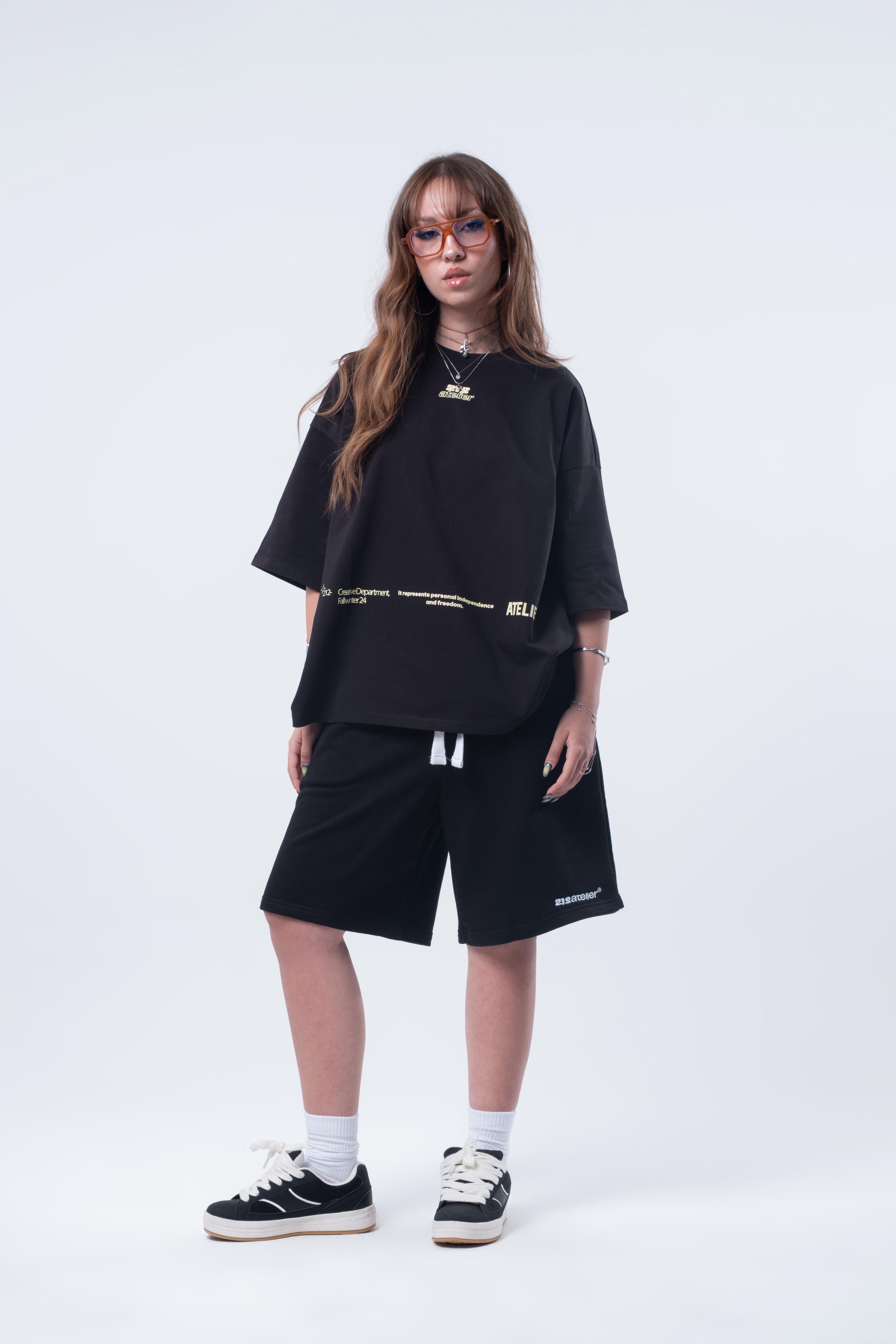 Kısa Kollu Baskılı Boxy Fit Siyah T-shirt