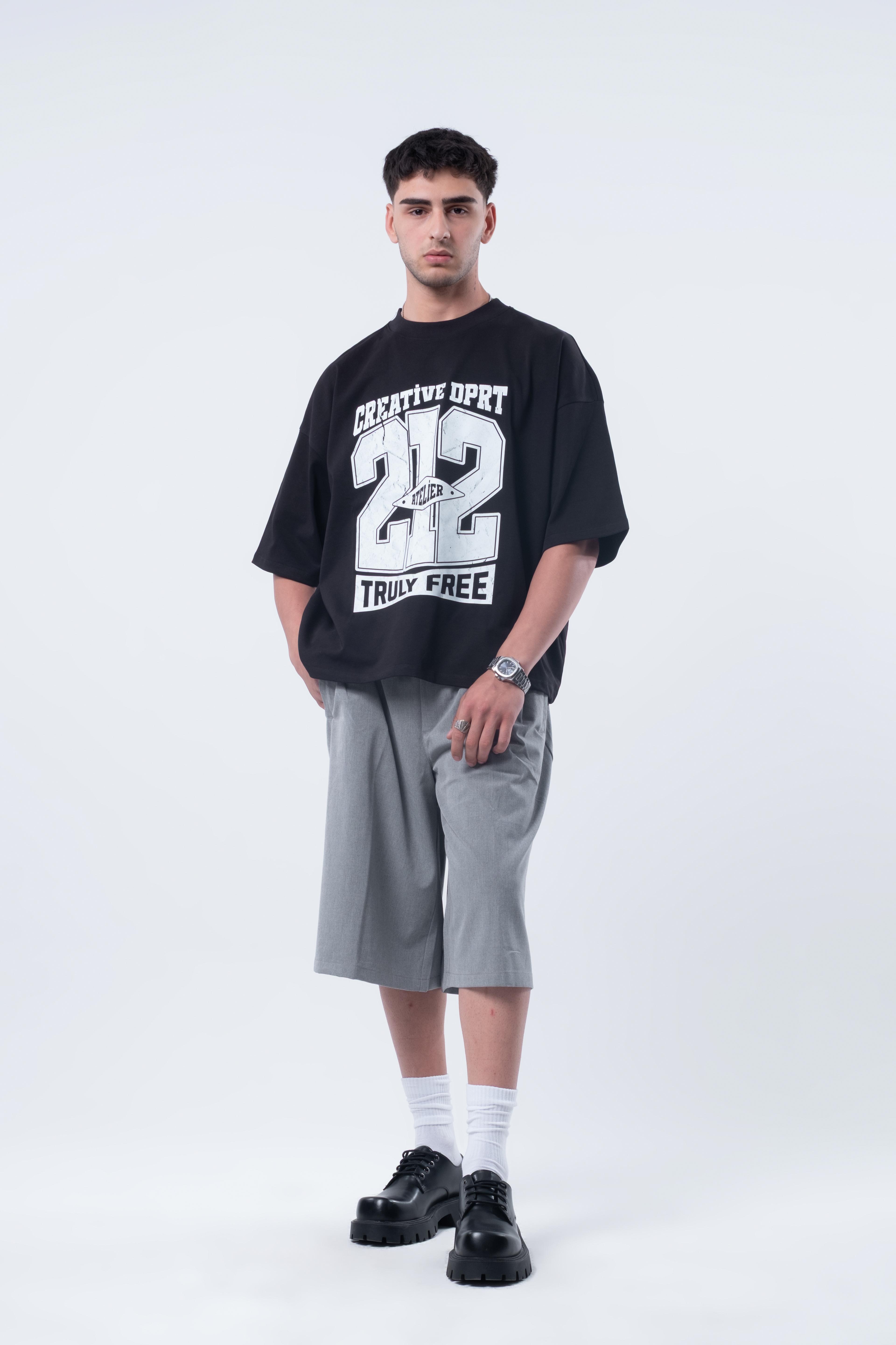 Kısa Kollu Baskılı Boxy Fit T-shirt Siyah