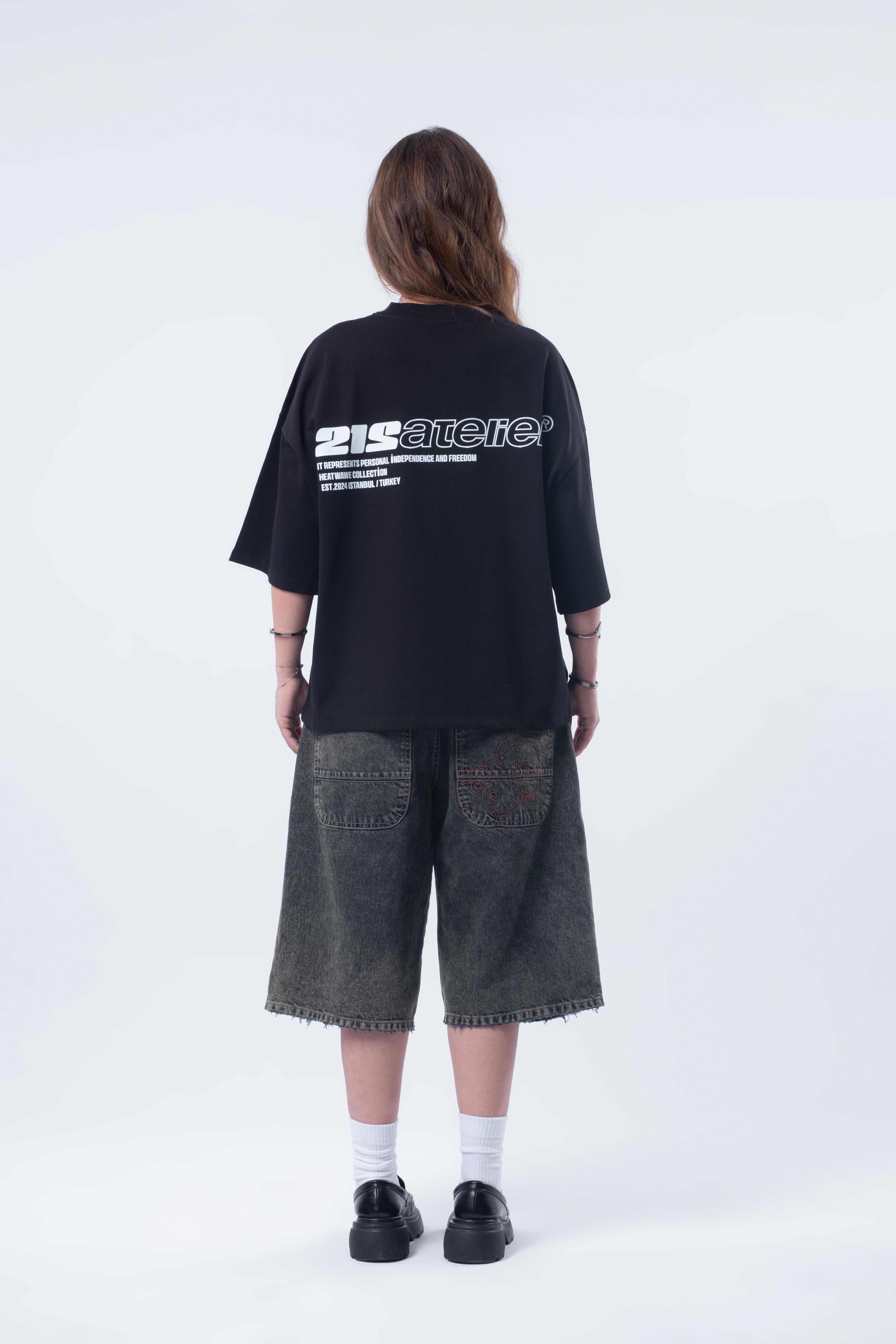 Kısa Kollu Baskılı Boxy Fit Siyah T-shirt