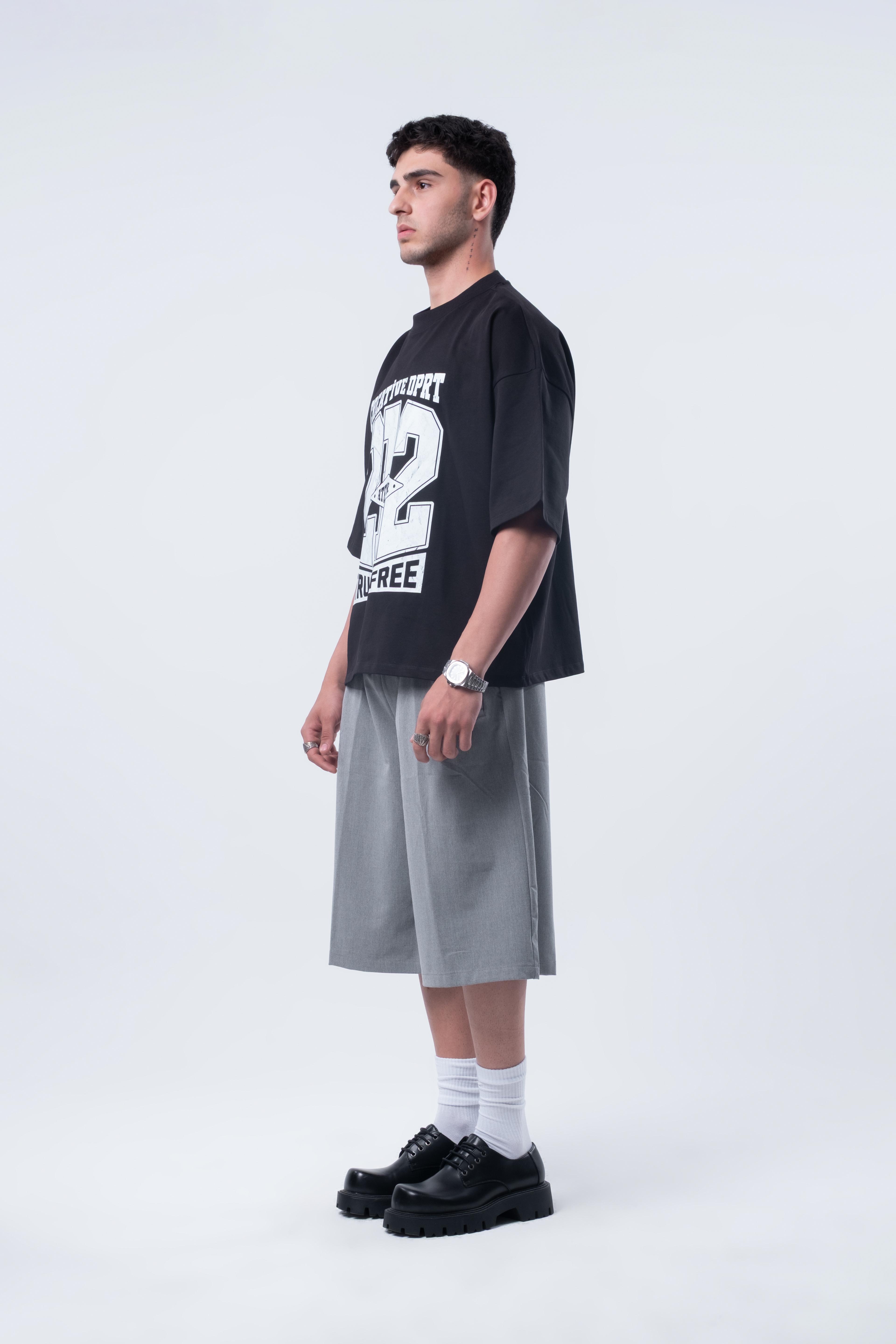 Kısa Kollu Baskılı Boxy Fit T-shirt Siyah
