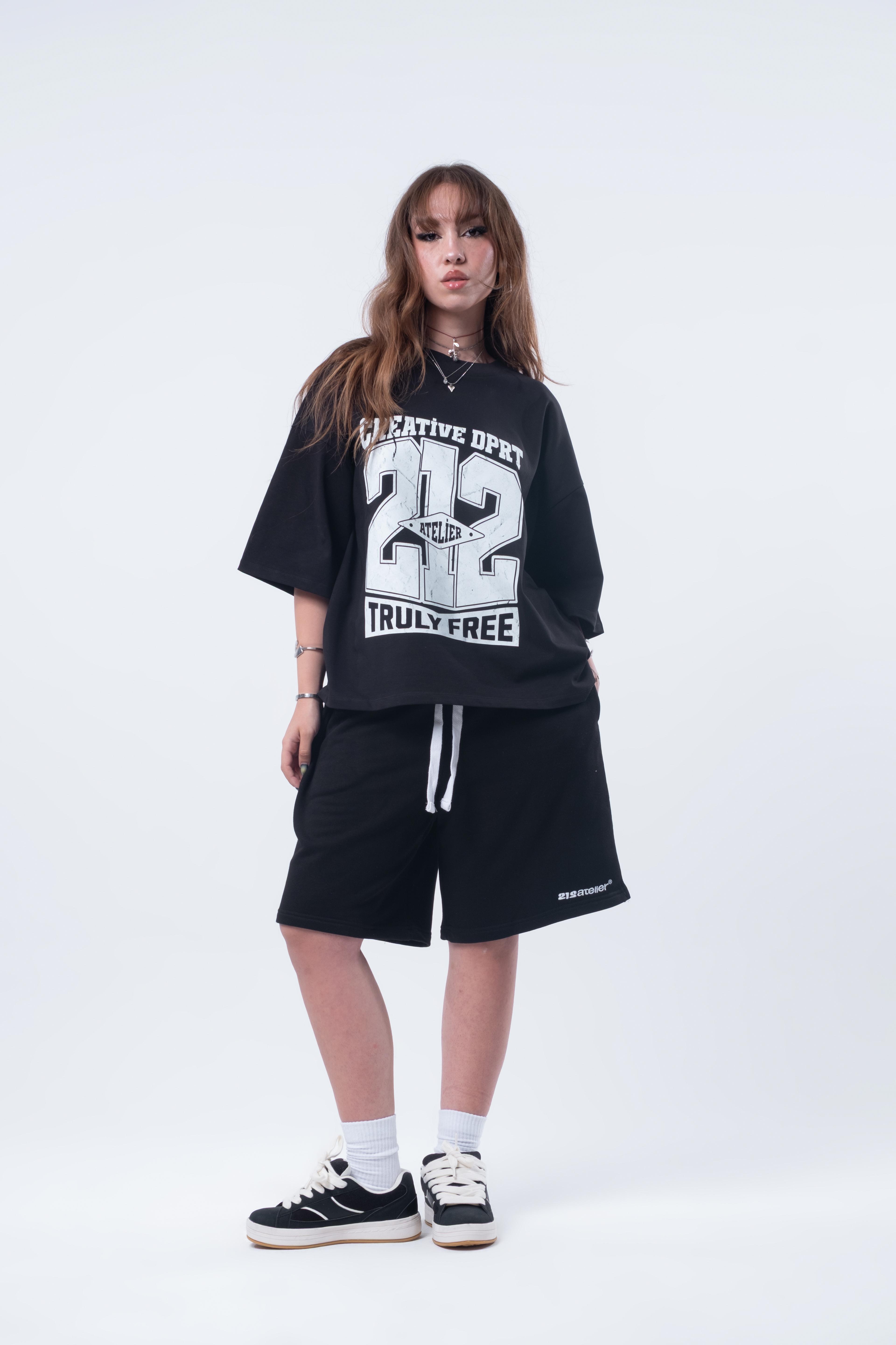 Kısa Kollu Baskılı Boxy Fit T-shirt Siyah