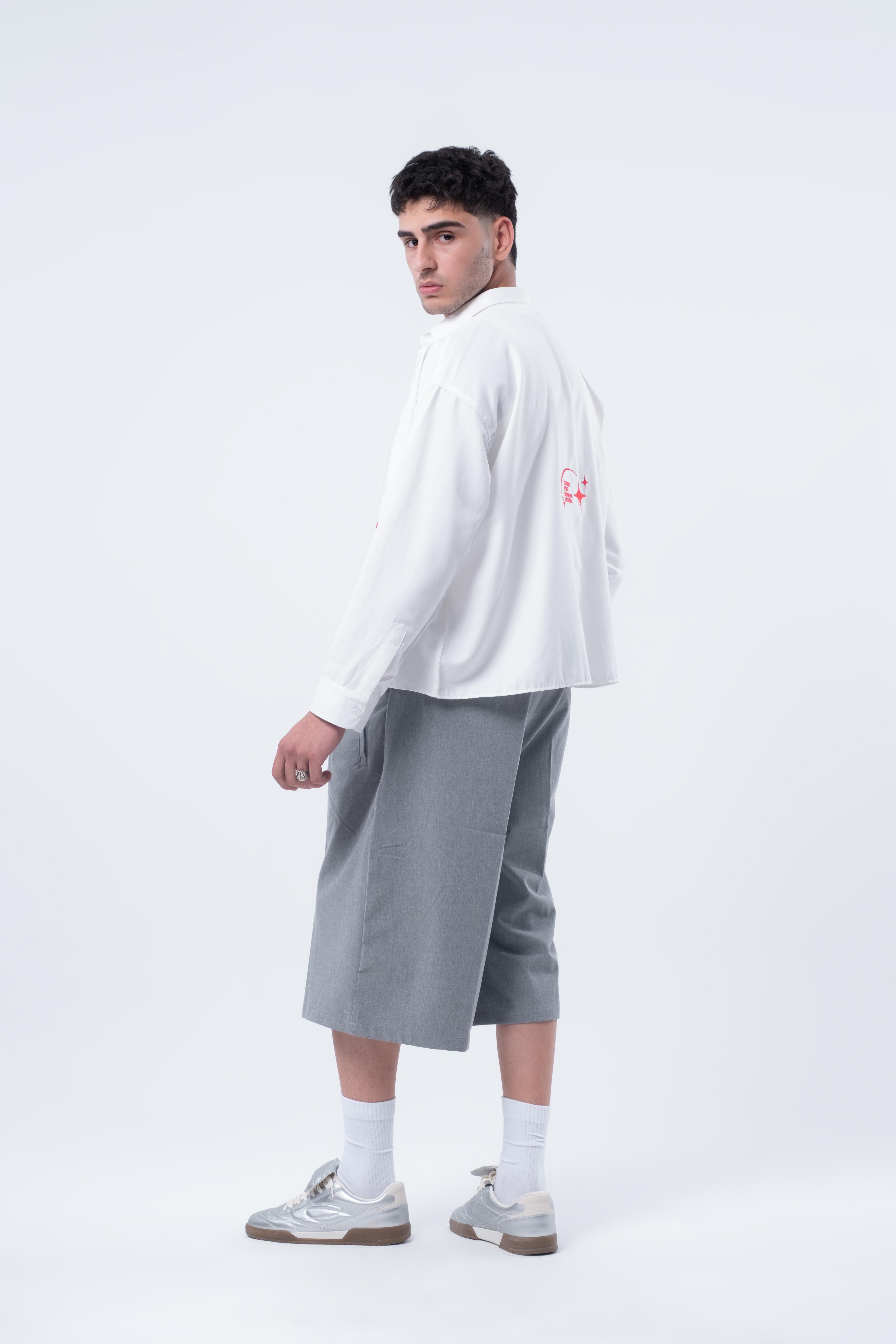 Boxy Fit Nakışlı Kırık Beyaz Gömlek