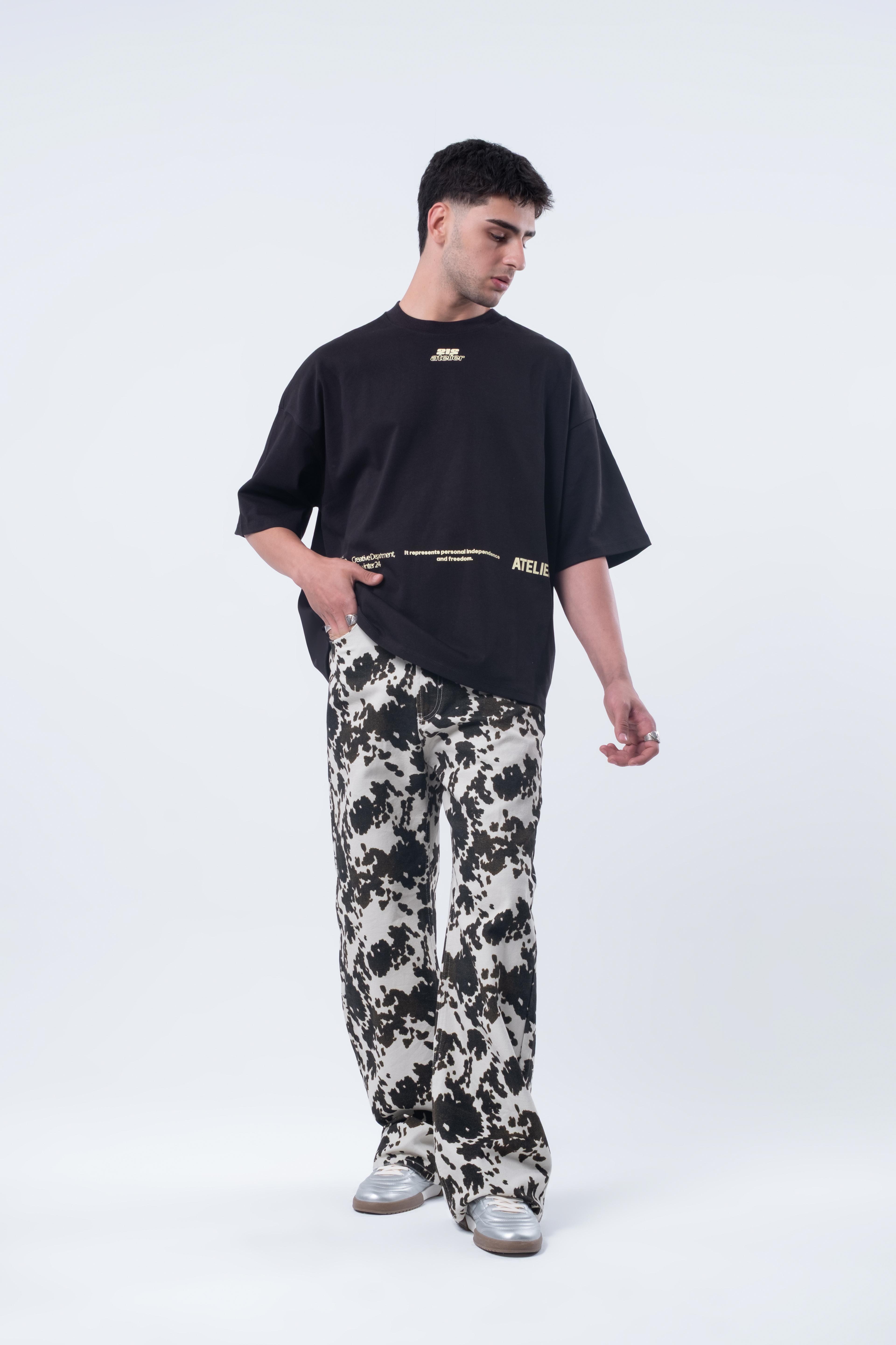 Kısa Kollu Baskılı Boxy Fit Siyah T-shirt