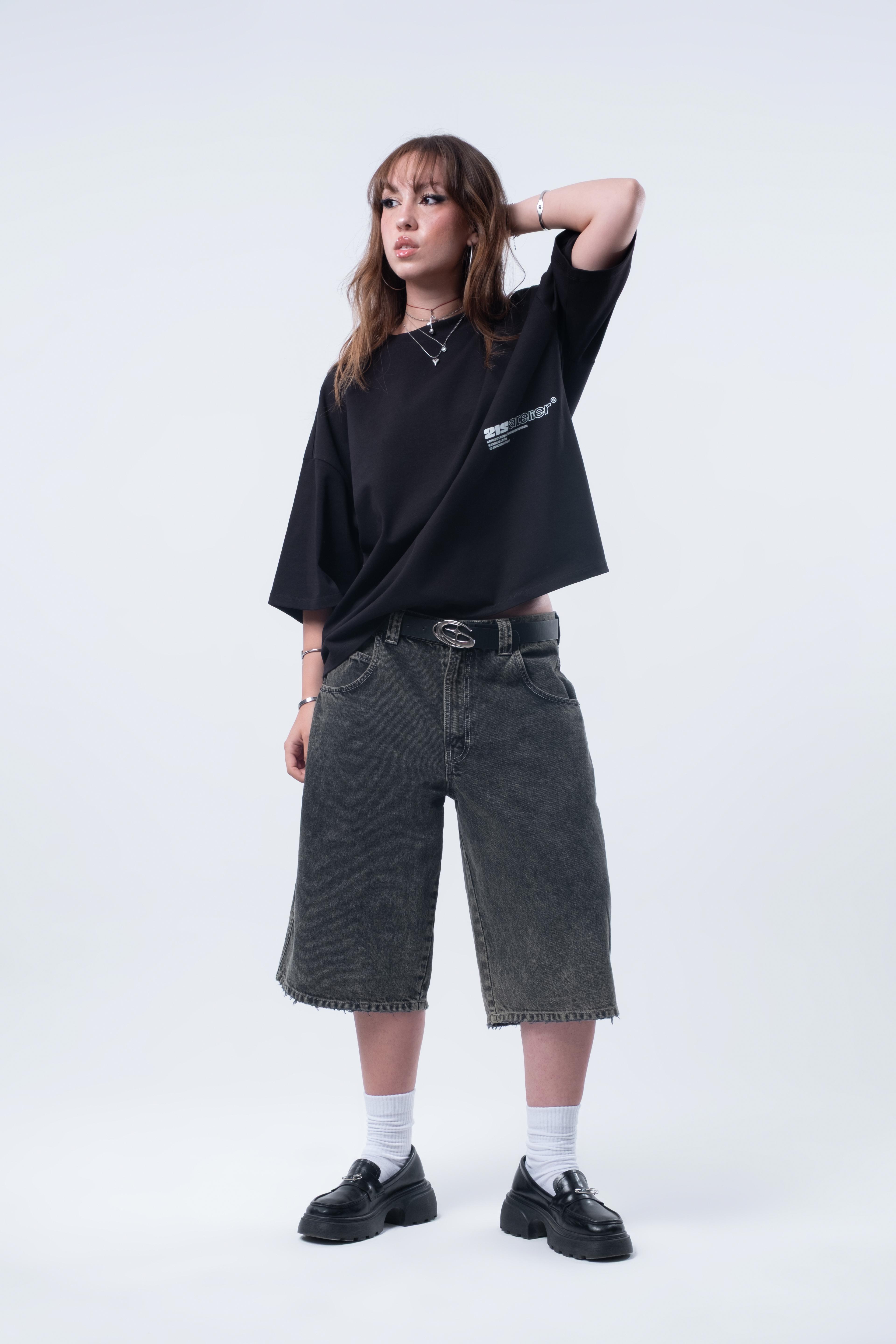 Kısa Kollu Baskılı Boxy Fit Siyah T-shirt