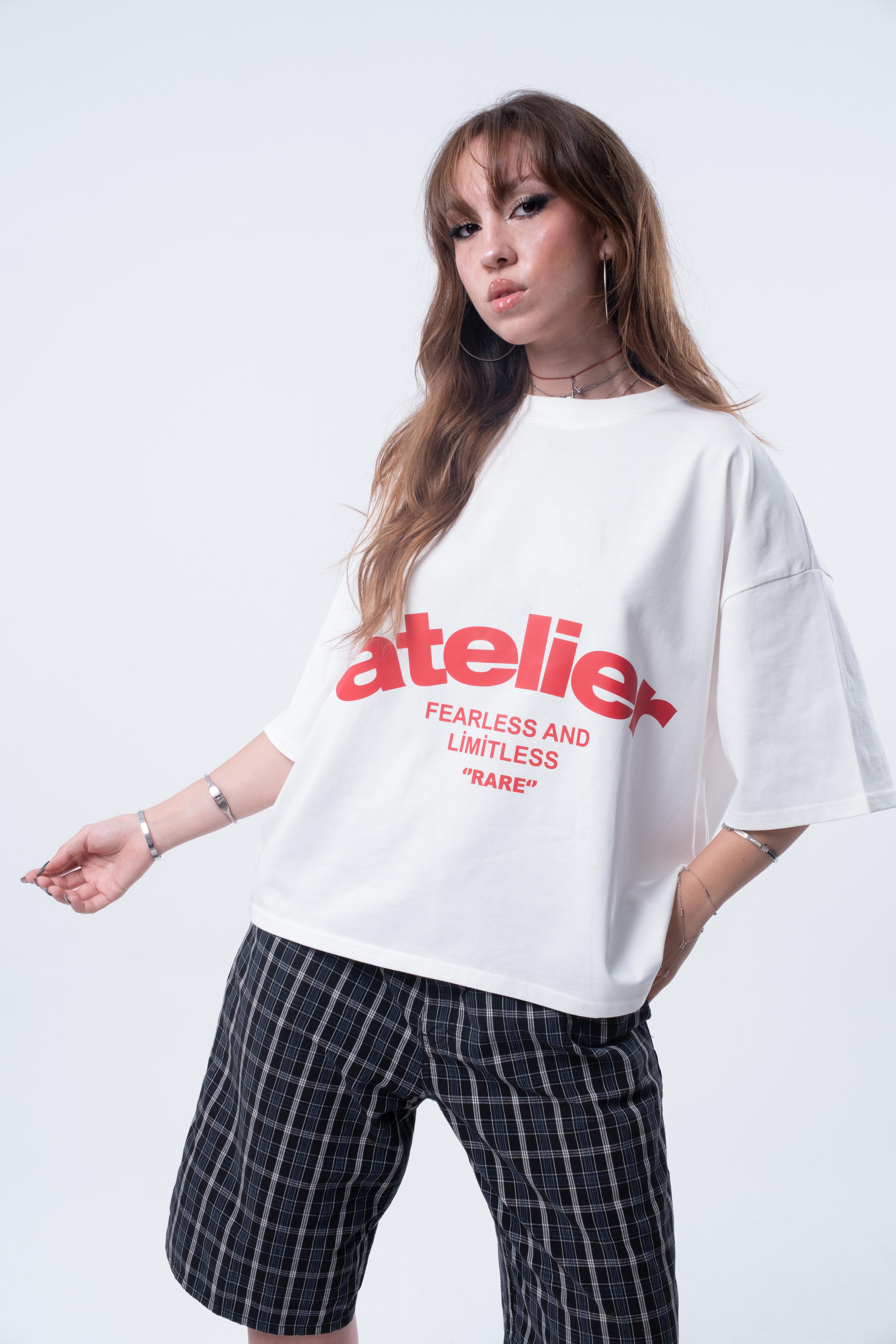 Kısa Kollu Boxy Fit Kırık Beyaz T-shirt 