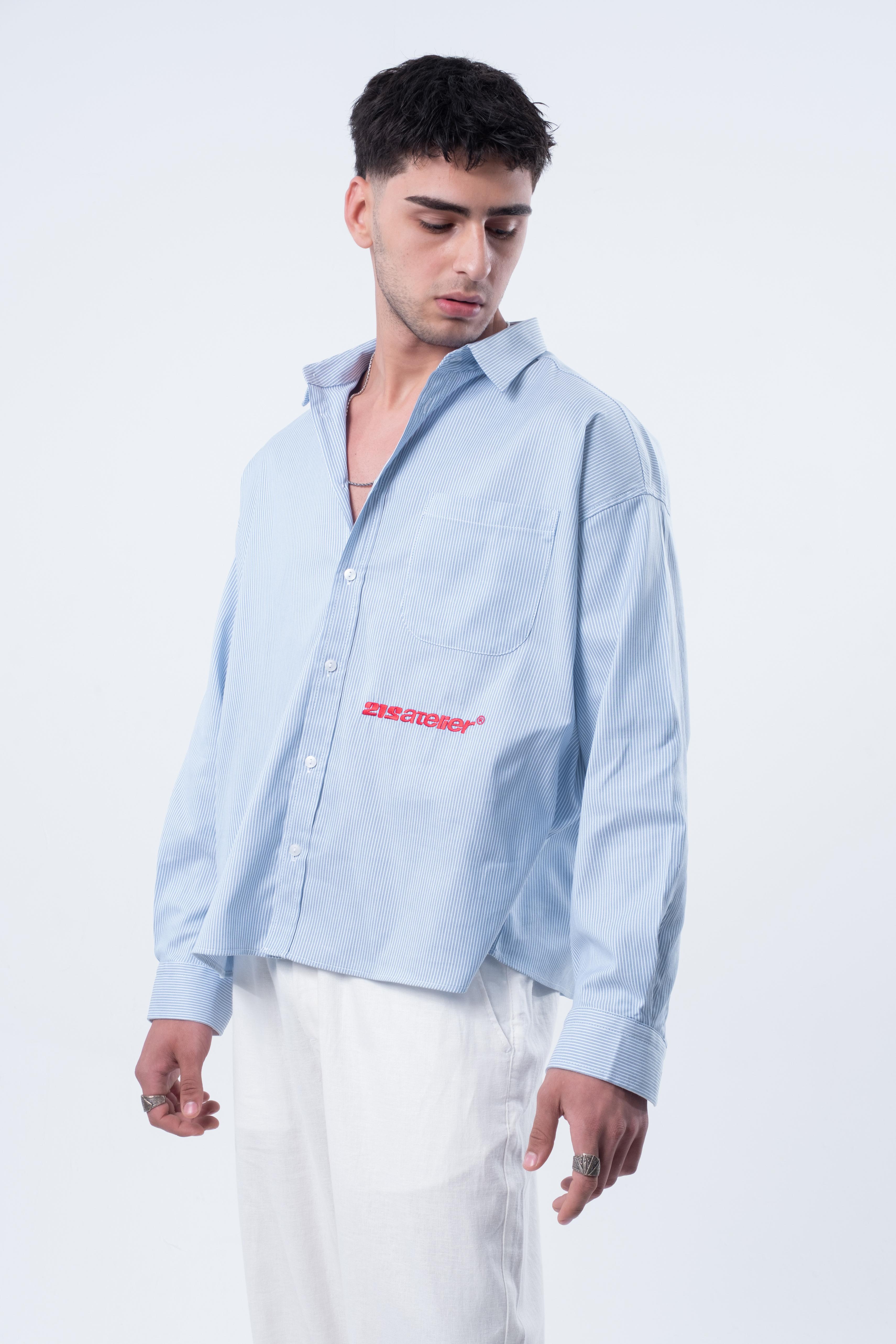 Boxy Fit Nakışlı Mavi Beyaz Gömlek