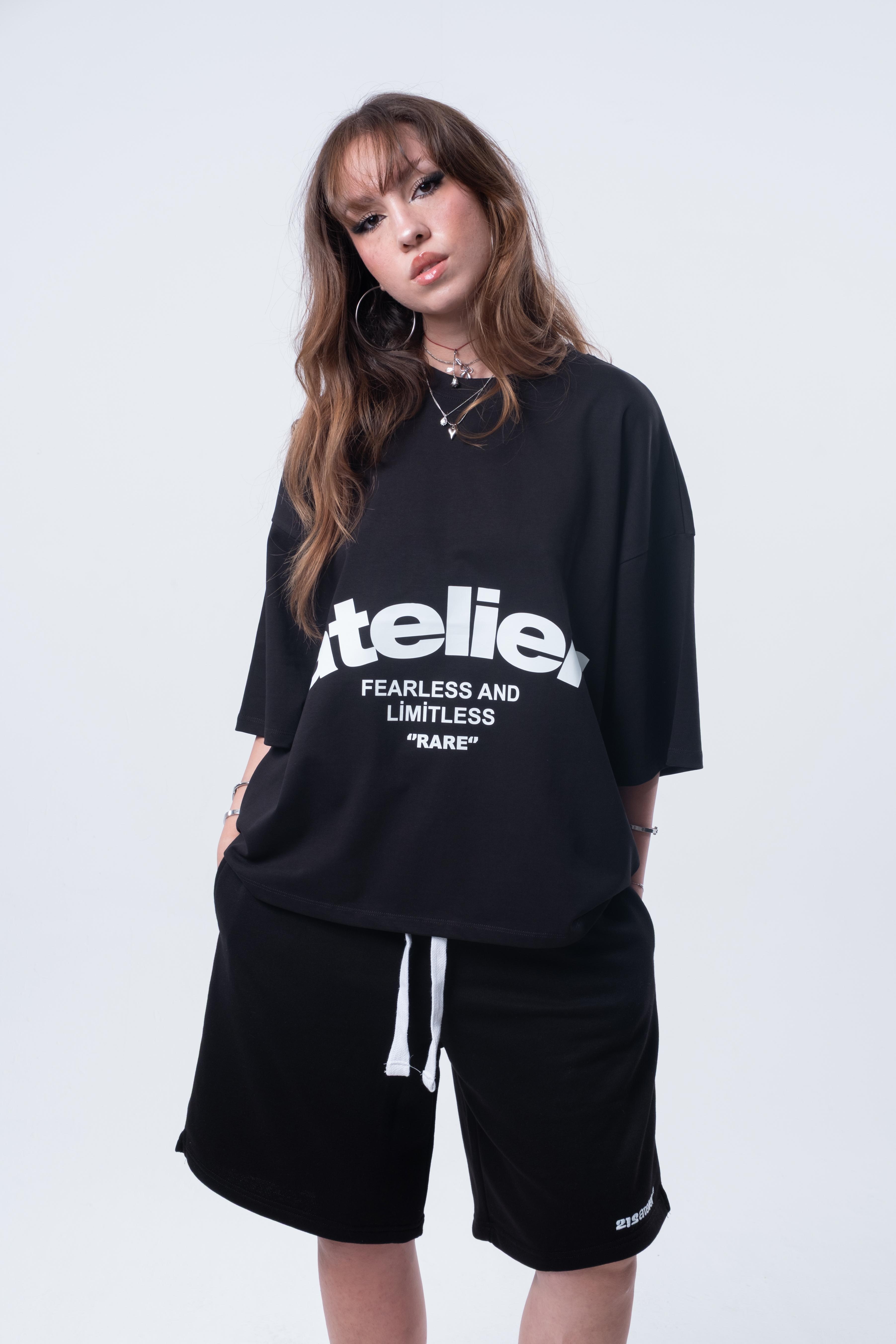 Kısa Kollu Baskılı Boxy Fit Siyah T-shirt