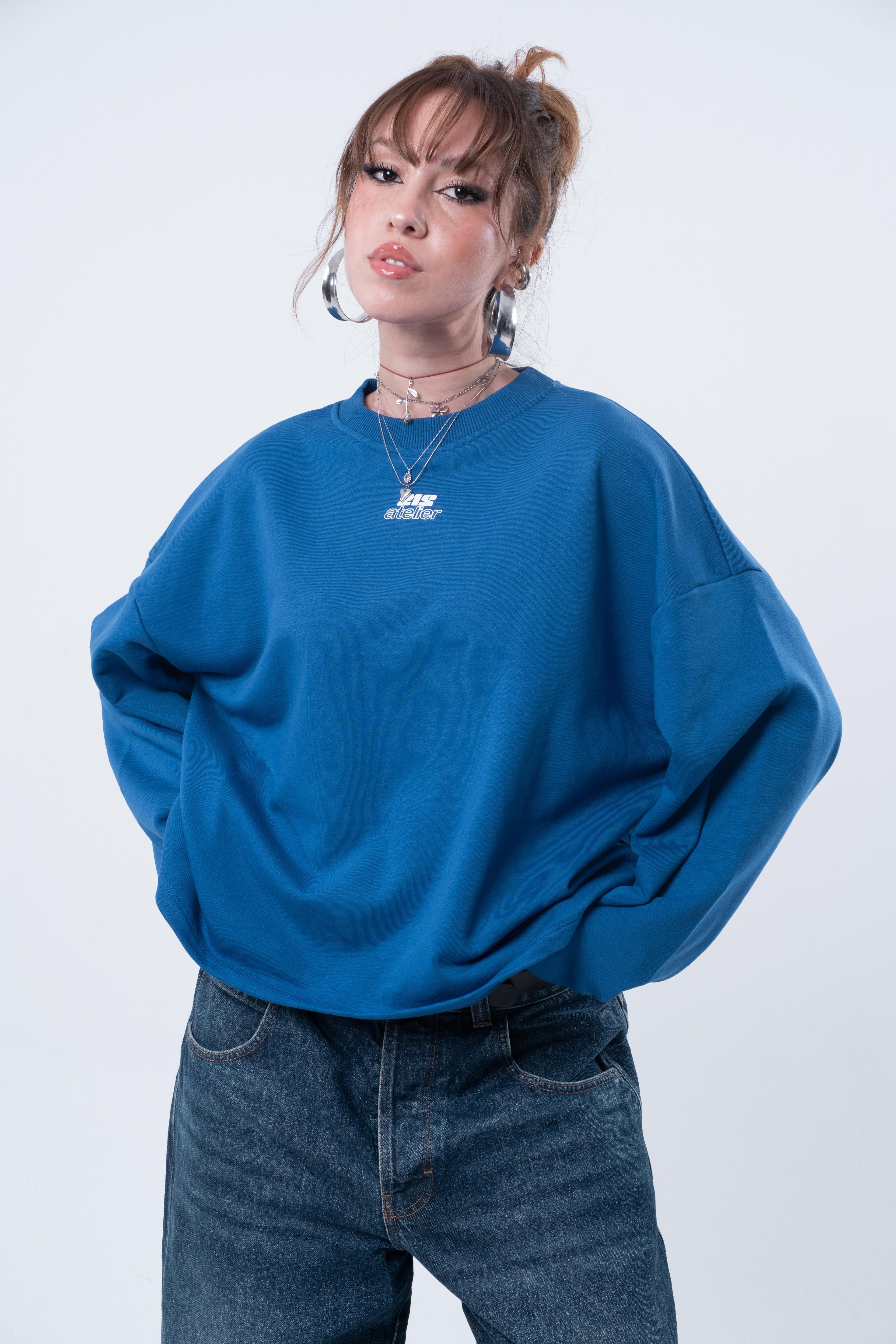 Uzun Kollu Boxy Fit Saks Sweatshirt