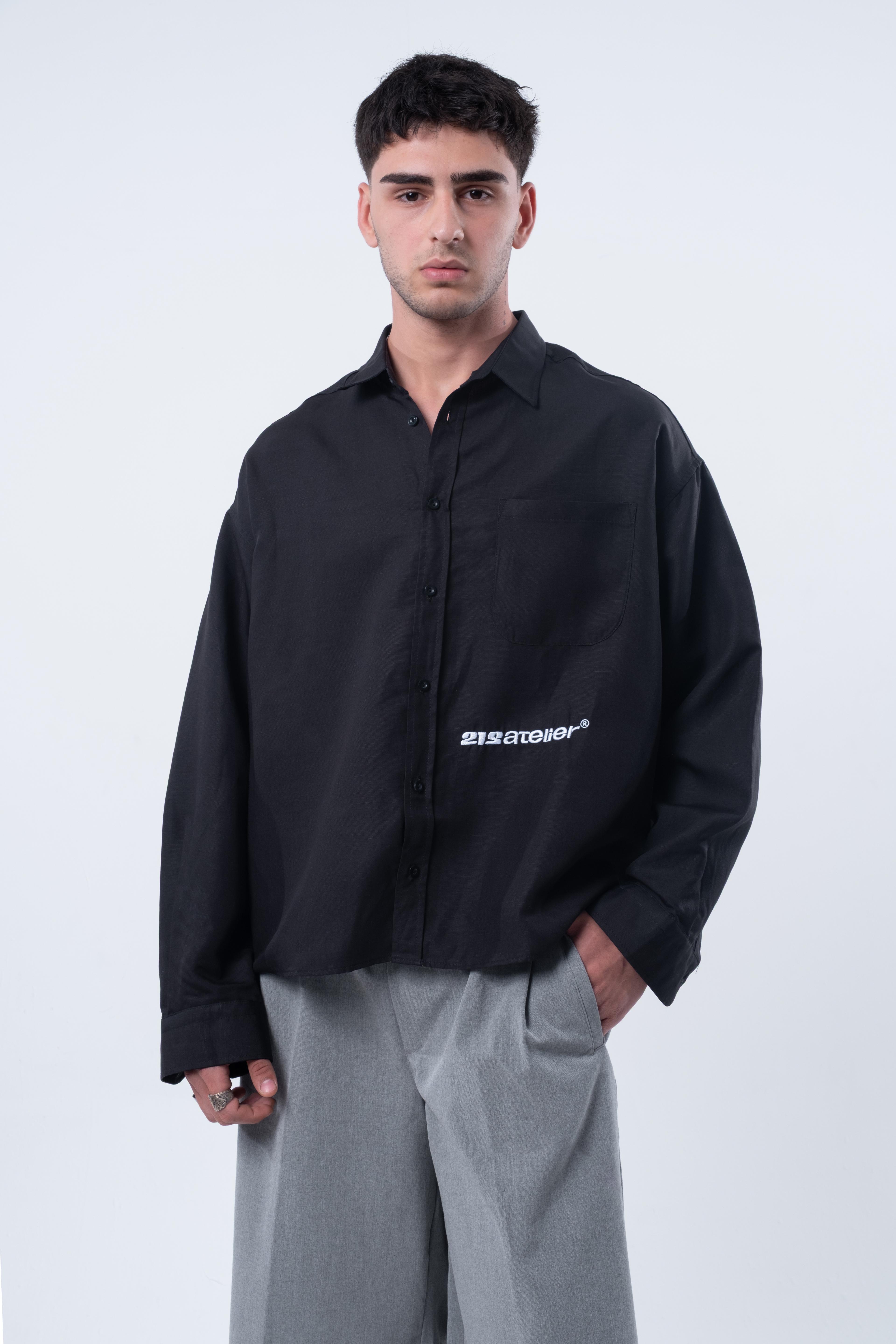 Boxy Fit Nakışlı Siyah Gömlek