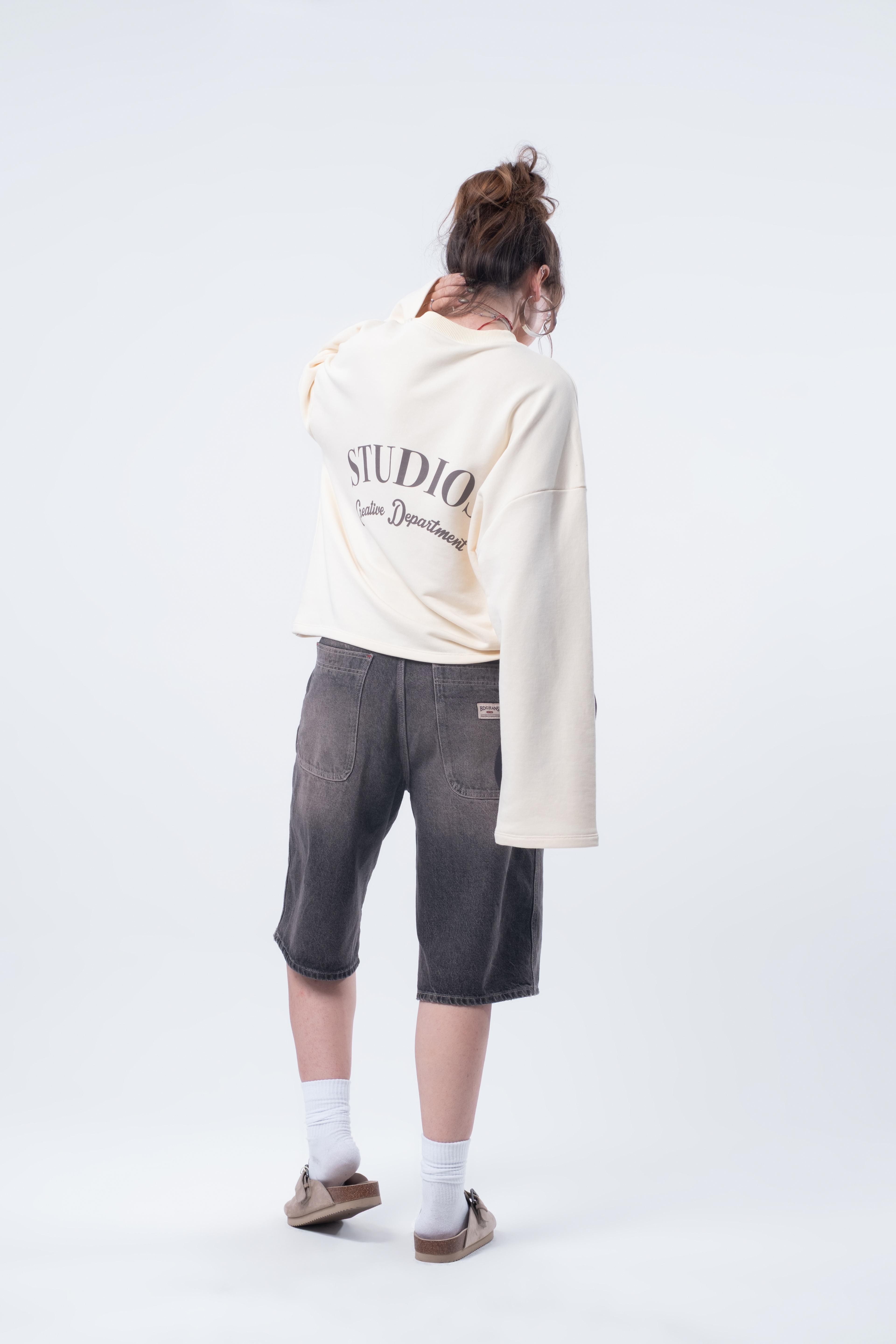 Uzun Kollu Boxy Fit Ecru Sweatshirt