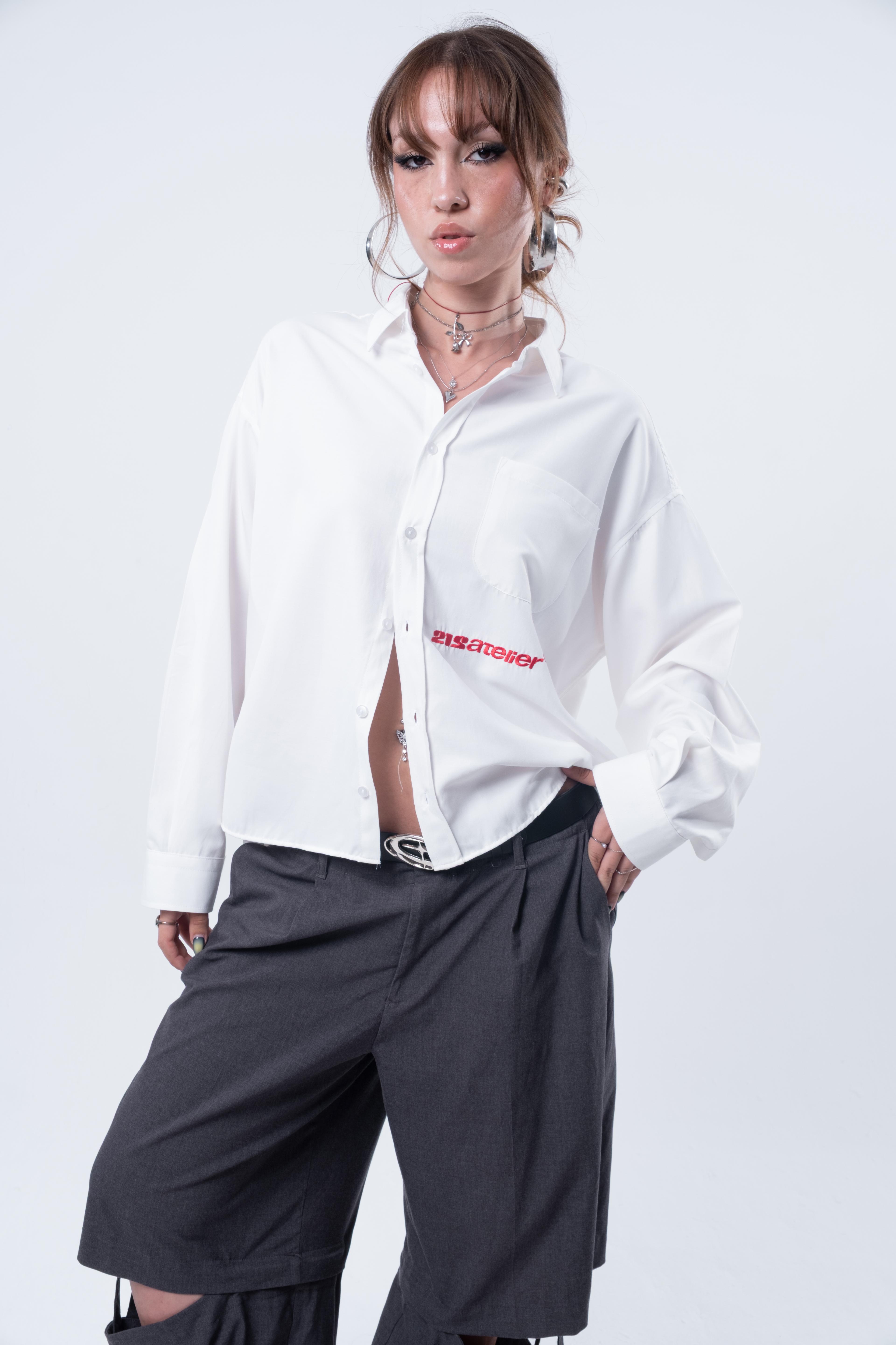 Boxy Fit Nakışlı Kırık Beyaz Gömlek