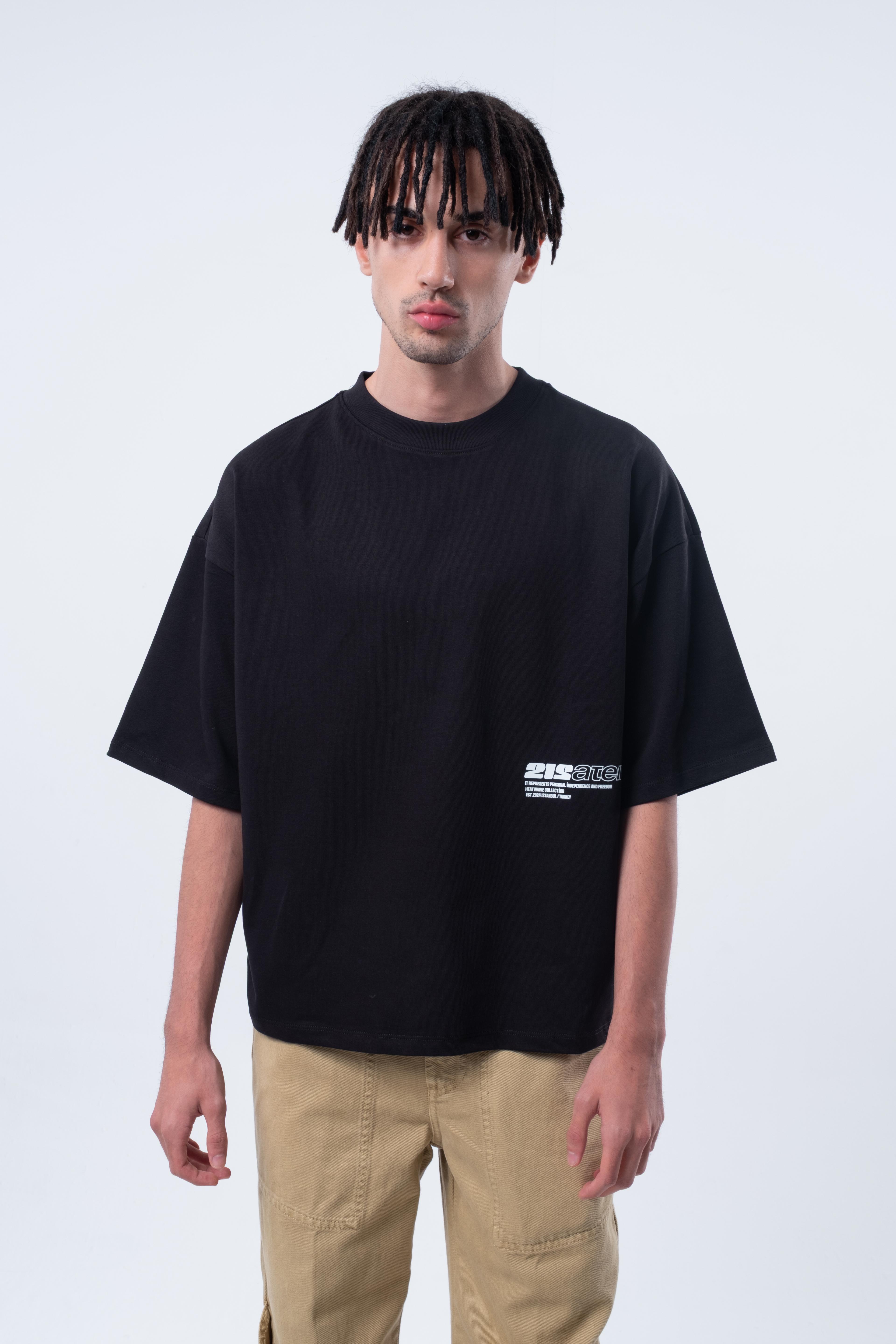 Kısa Kollu Baskılı Boxy Fit Siyah T-shirt