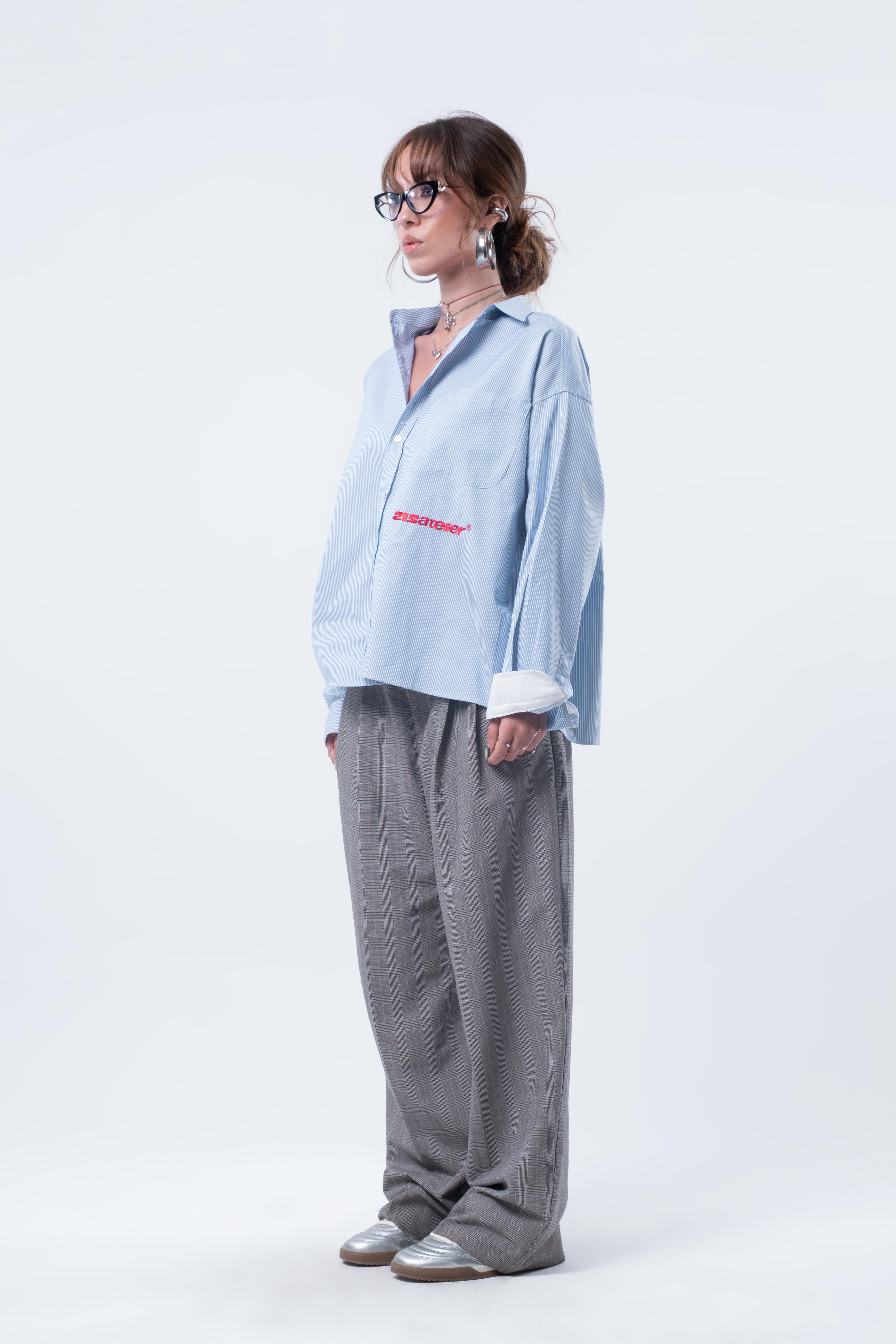 Boxy Fit Nakışlı Mavi Beyaz  Nakışlı Gömlek