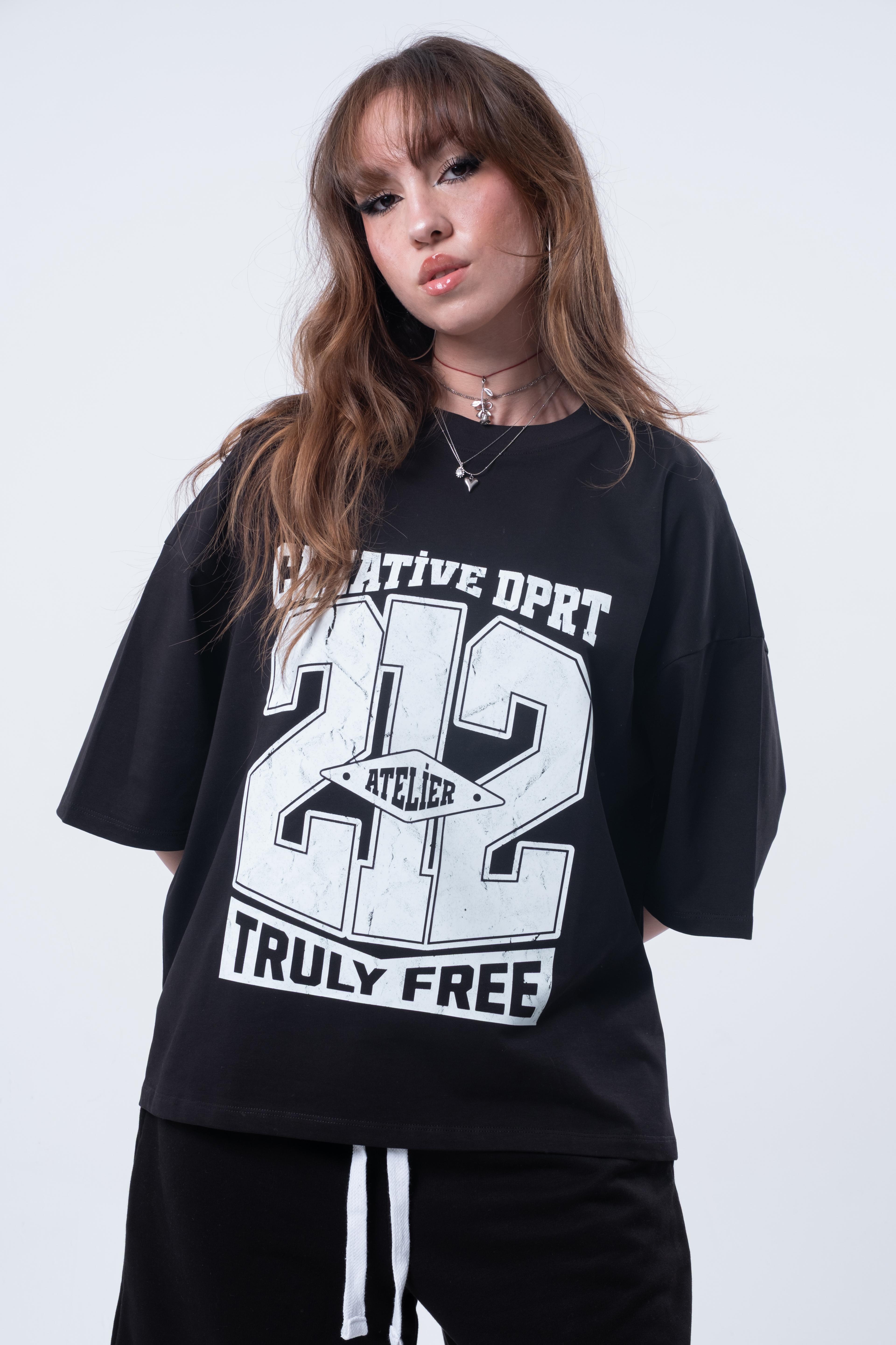 Kısa Kollu Baskılı Boxy Fit T-shirt Siyah