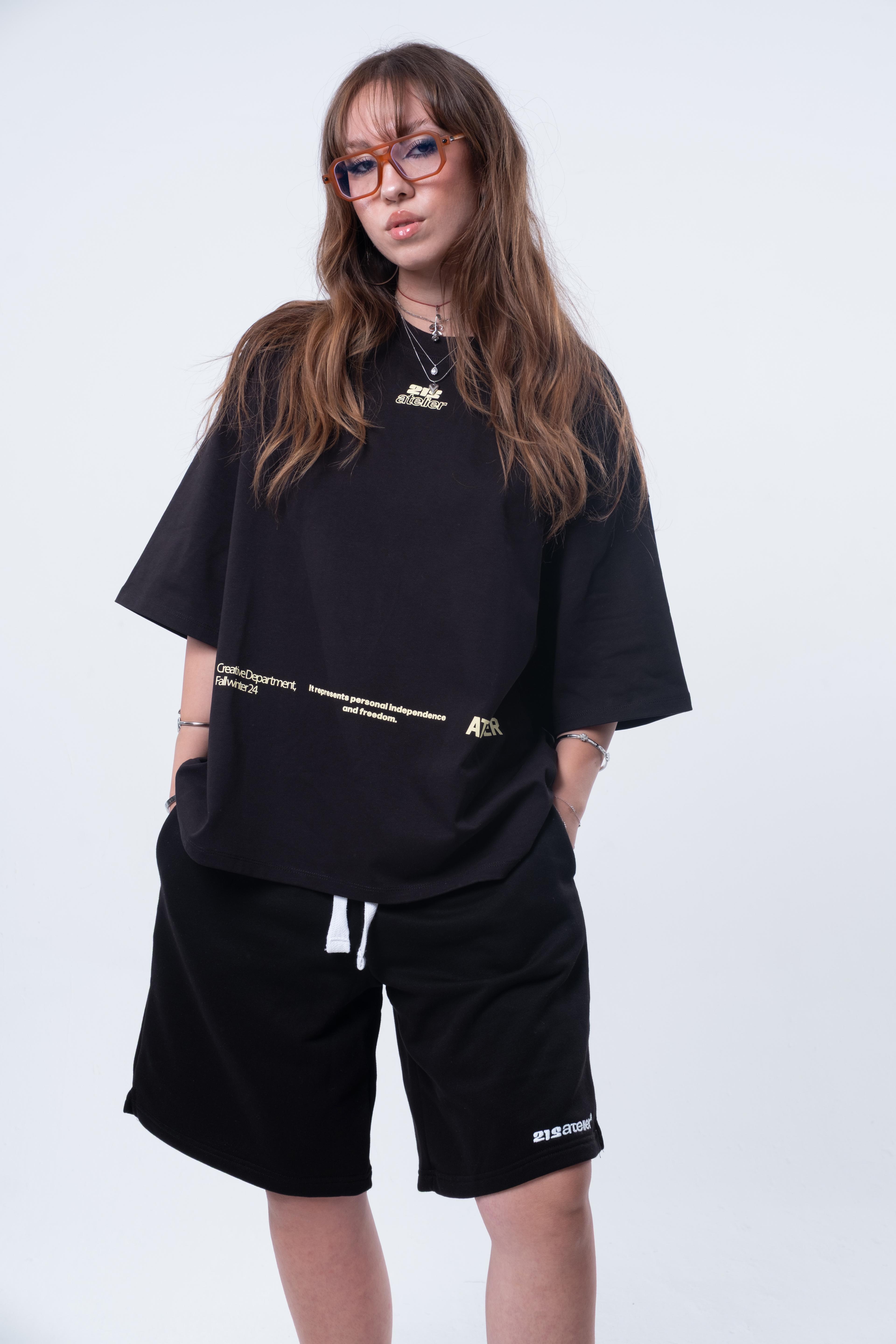 Kısa Kollu Baskılı Boxy Fit Siyah T-shirt