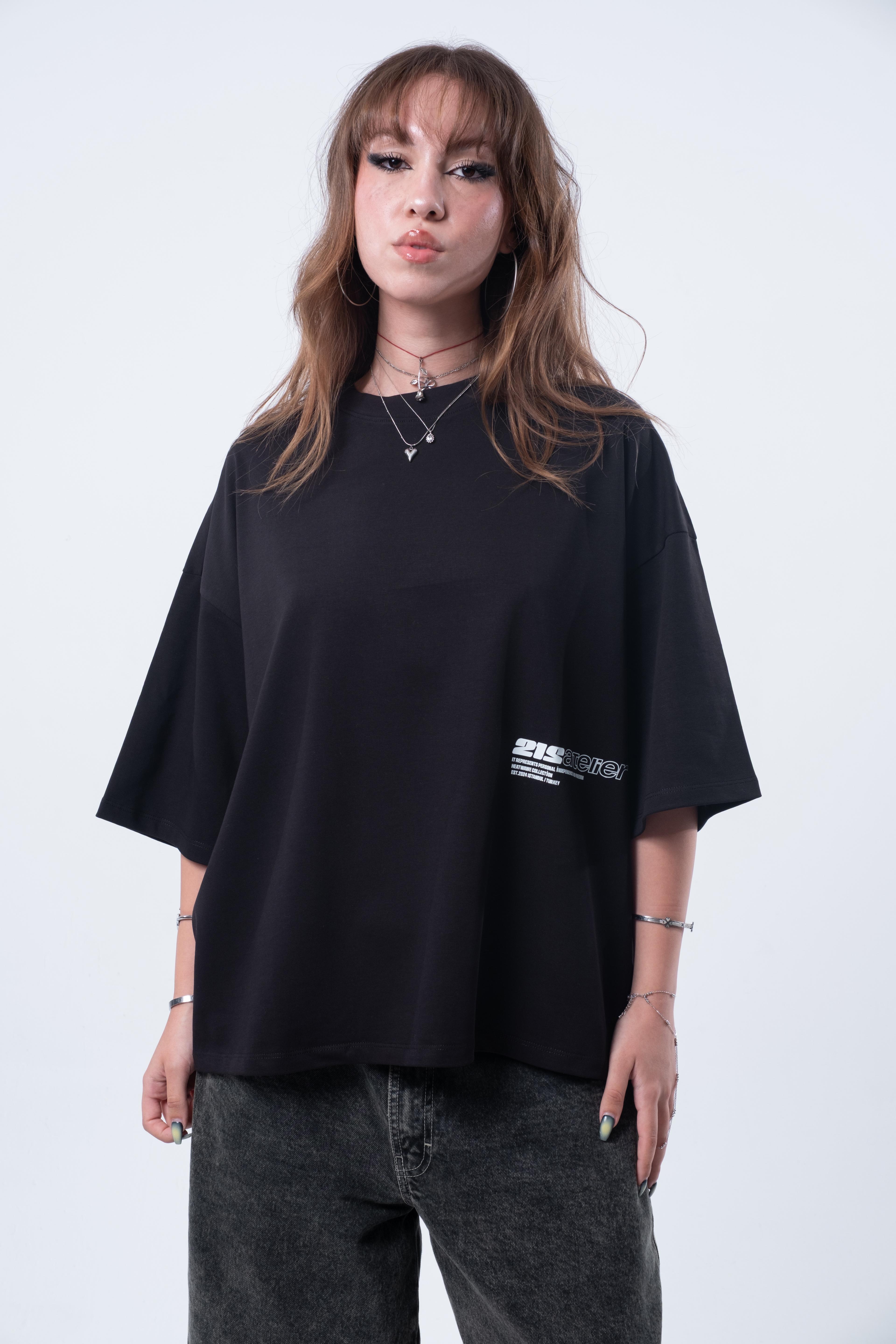 Kısa Kollu Baskılı Boxy Fit Siyah T-shirt