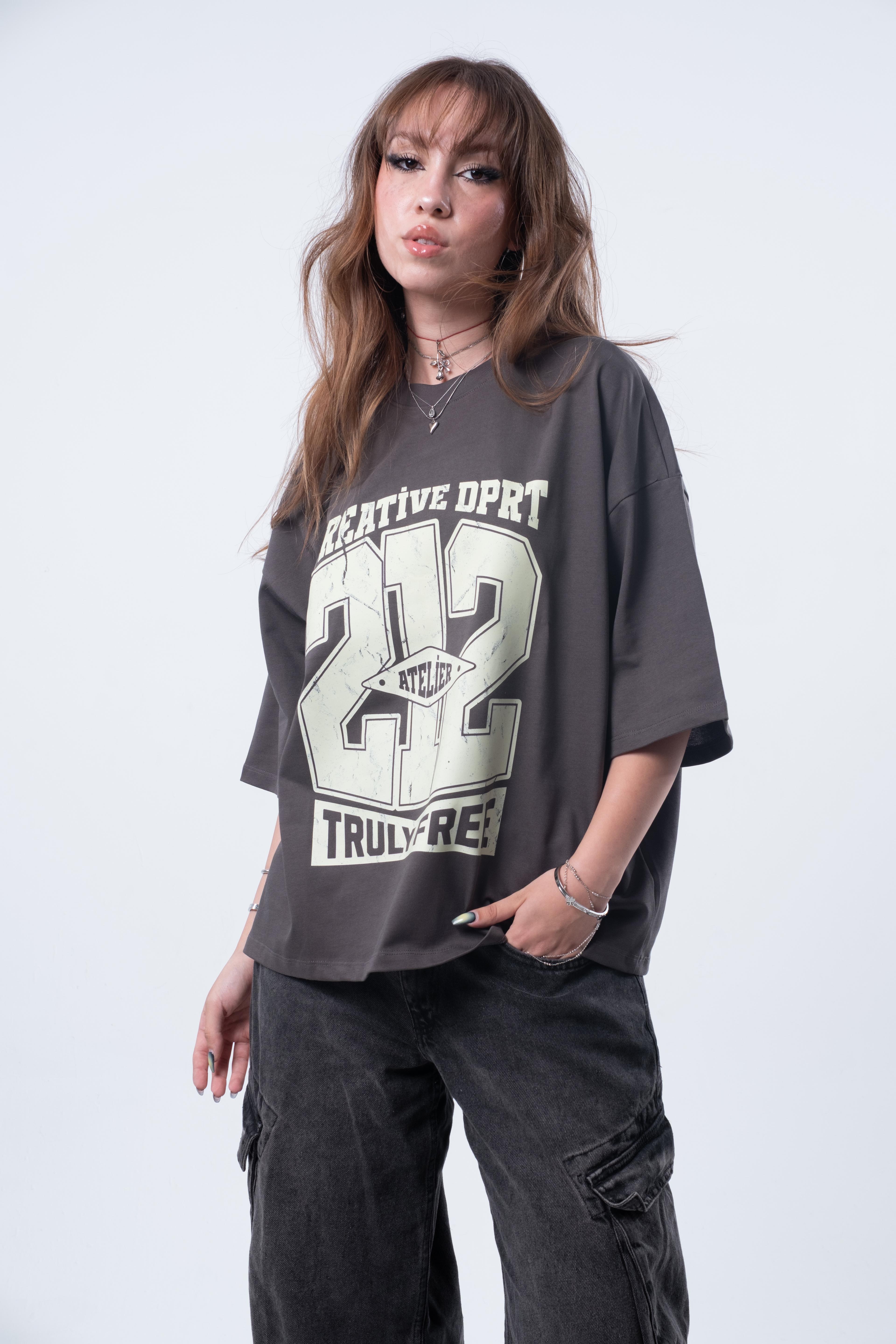 Kısa Kollu Boxy Fit Antrasit T-shirt 