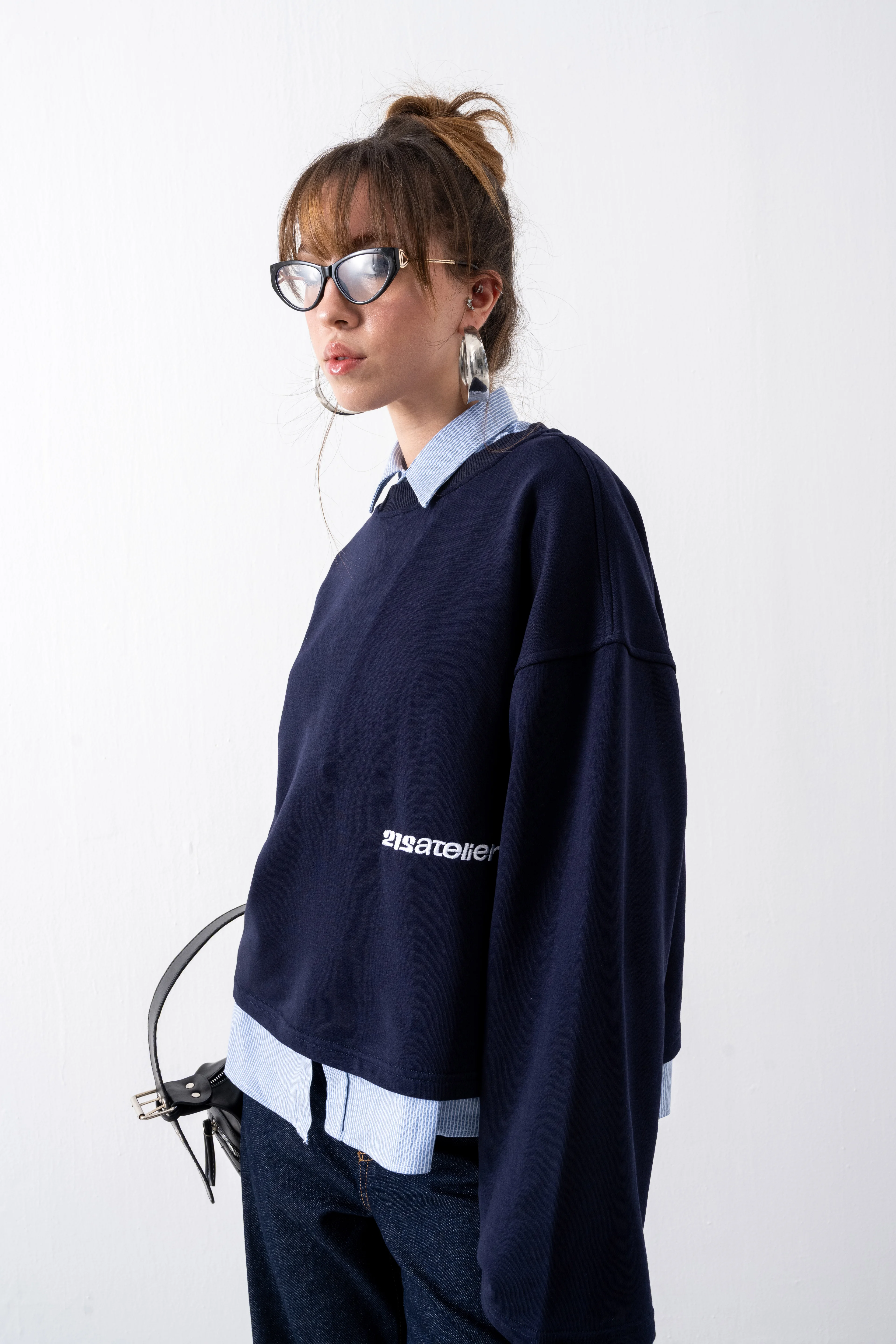 Lacivert Cropped Boxy Fit Sweatshirt