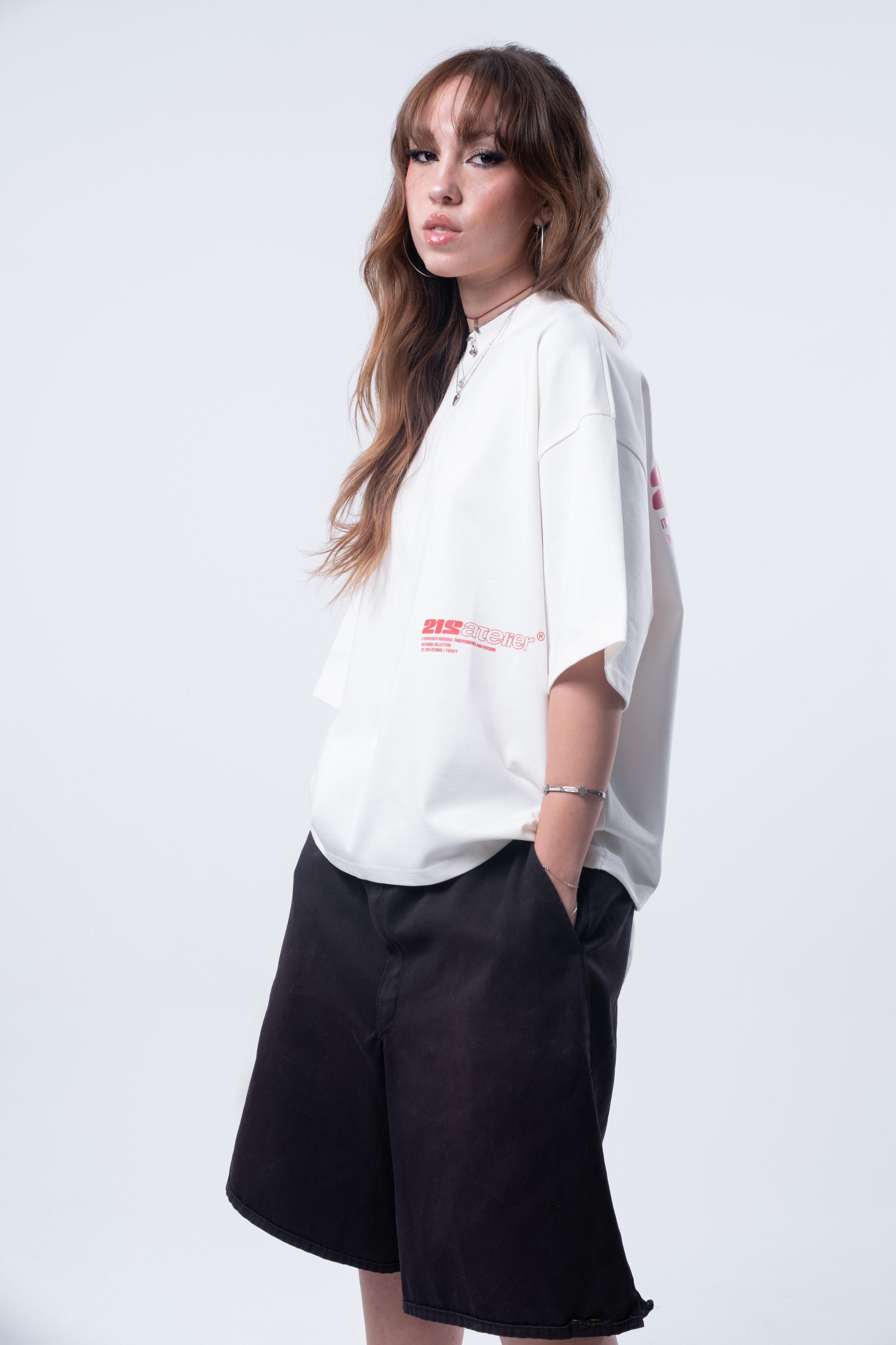 Kısa Kollu Boxy Fit Kırık Beyaz T-shirt 